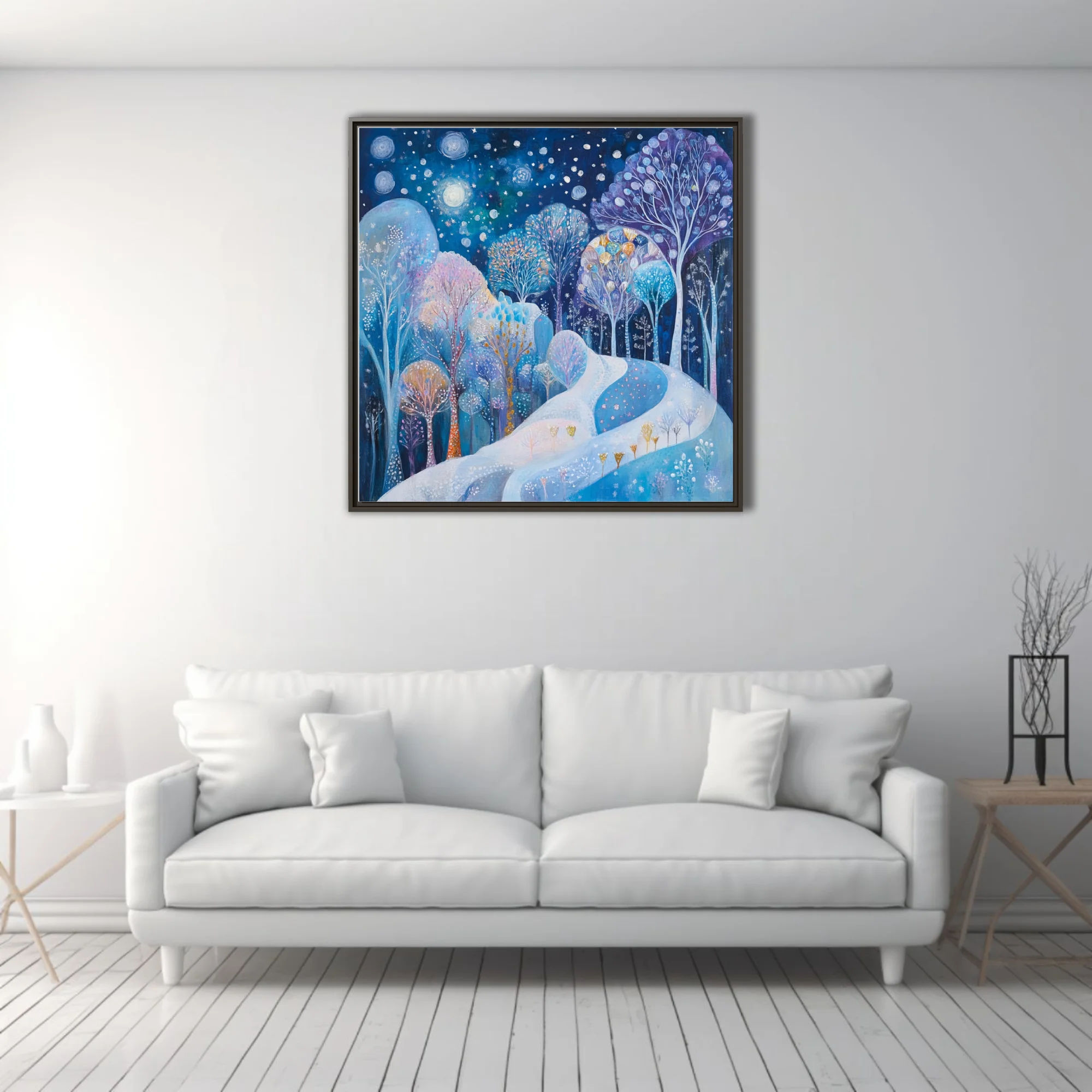 Whimsical winter forest night scene, cobalt blue palette, glowing trees and starlit sky