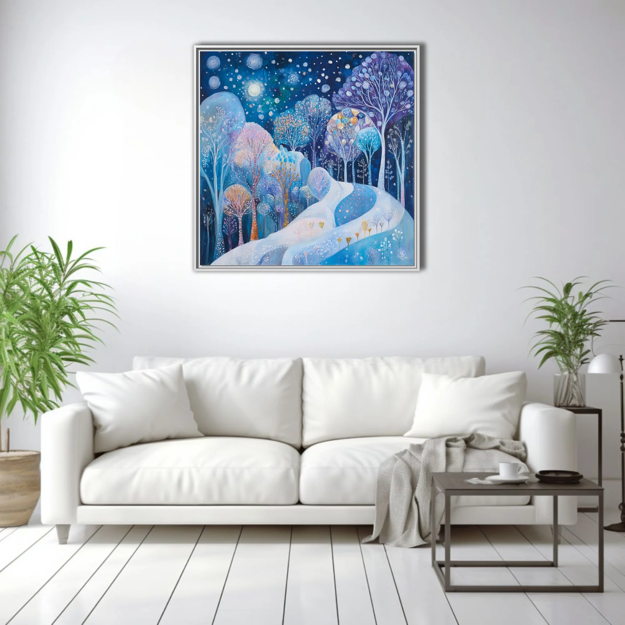 Whimsical winter forest night scene, cobalt blue palette, glowing trees and starlit sky