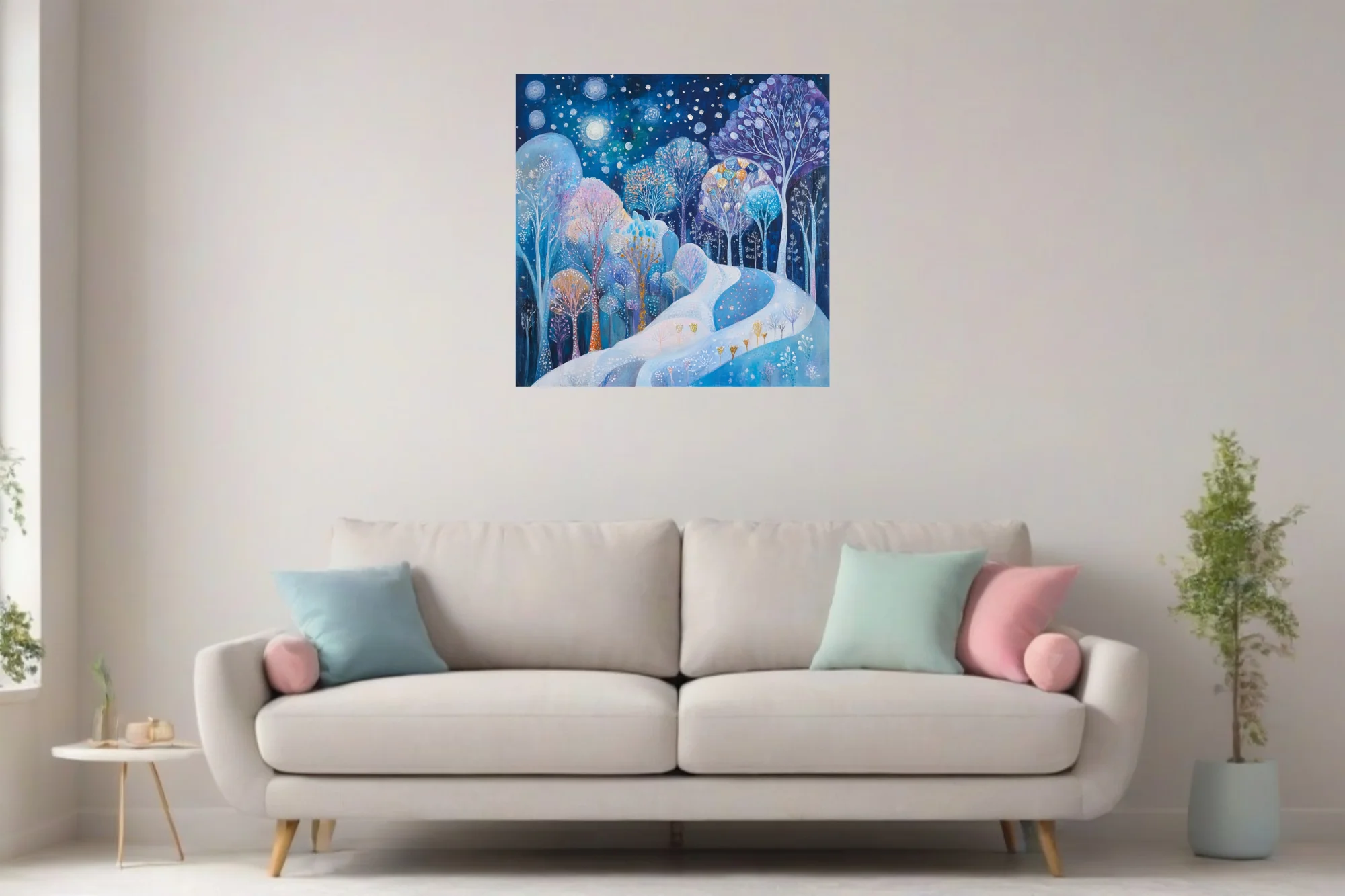 Whimsical winter forest night scene, cobalt blue palette, glowing trees and starlit sky