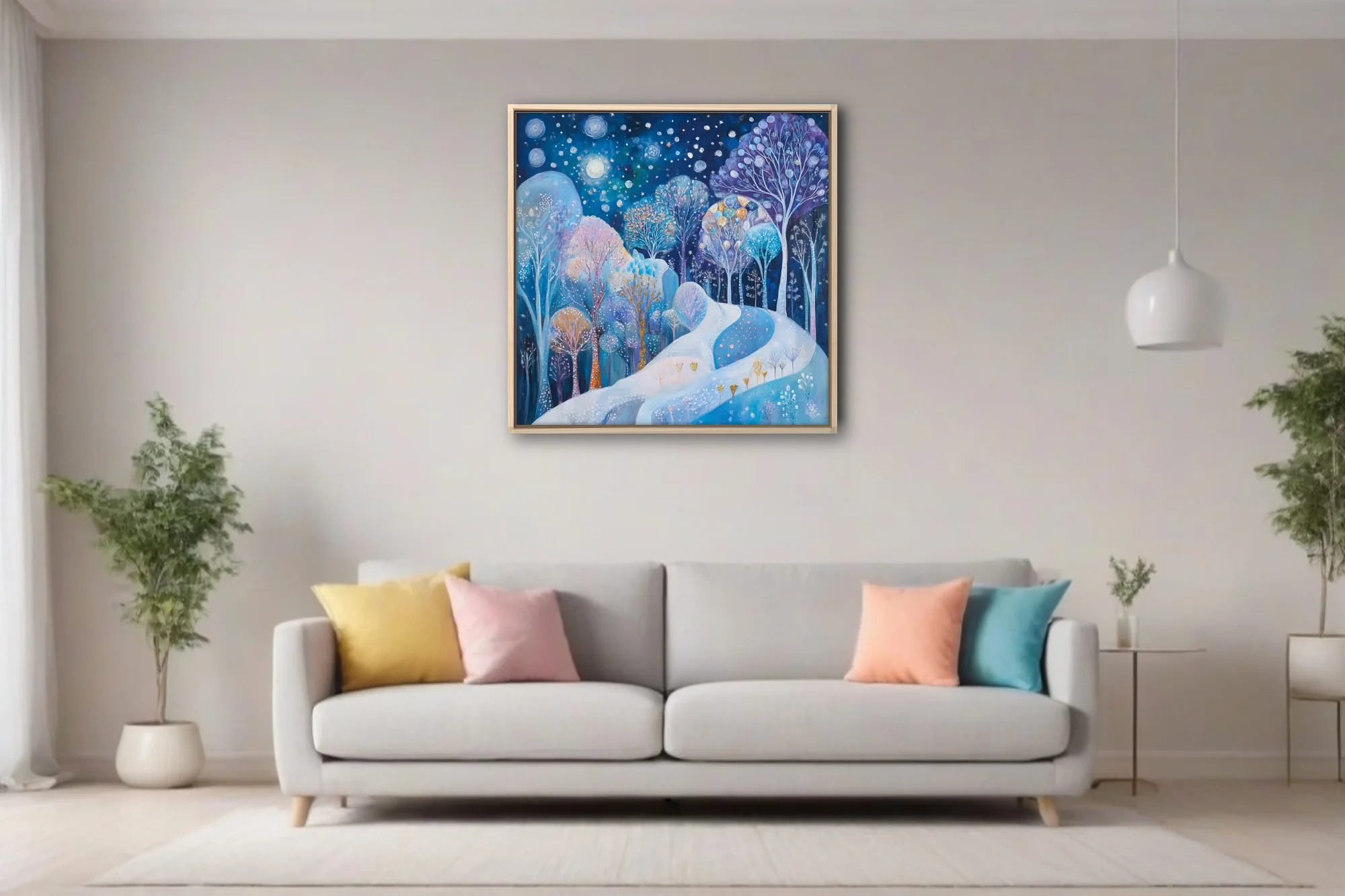 Whimsical winter forest night scene, cobalt blue palette, glowing trees and starlit sky