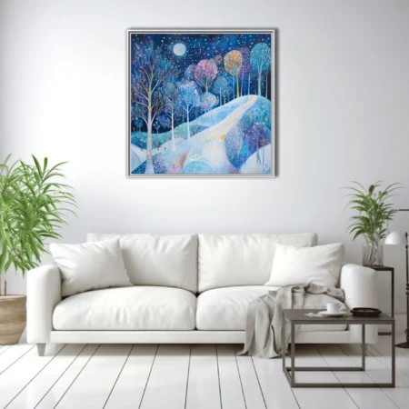 Whimsical moonlit winter forest landscape with colorful trees and snowy path in blue tones