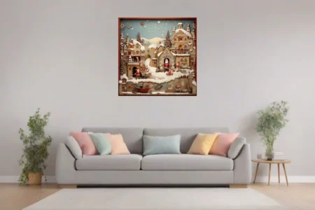 Folk-art Christmas village diorama with Santa figures, snowy buildings, and festive details