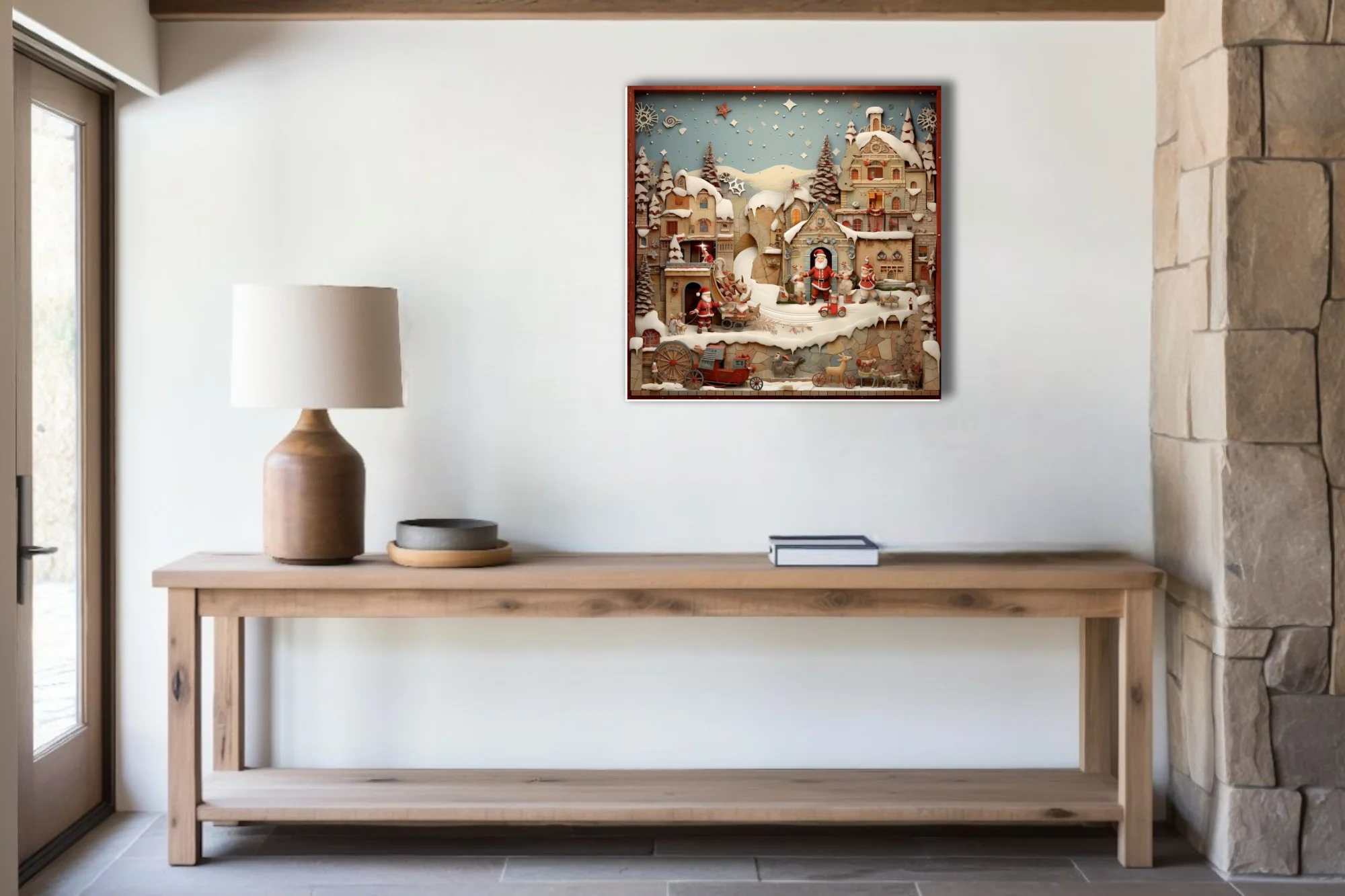 Folk-art Christmas village diorama with Santa figures, snowy buildings, and festive details