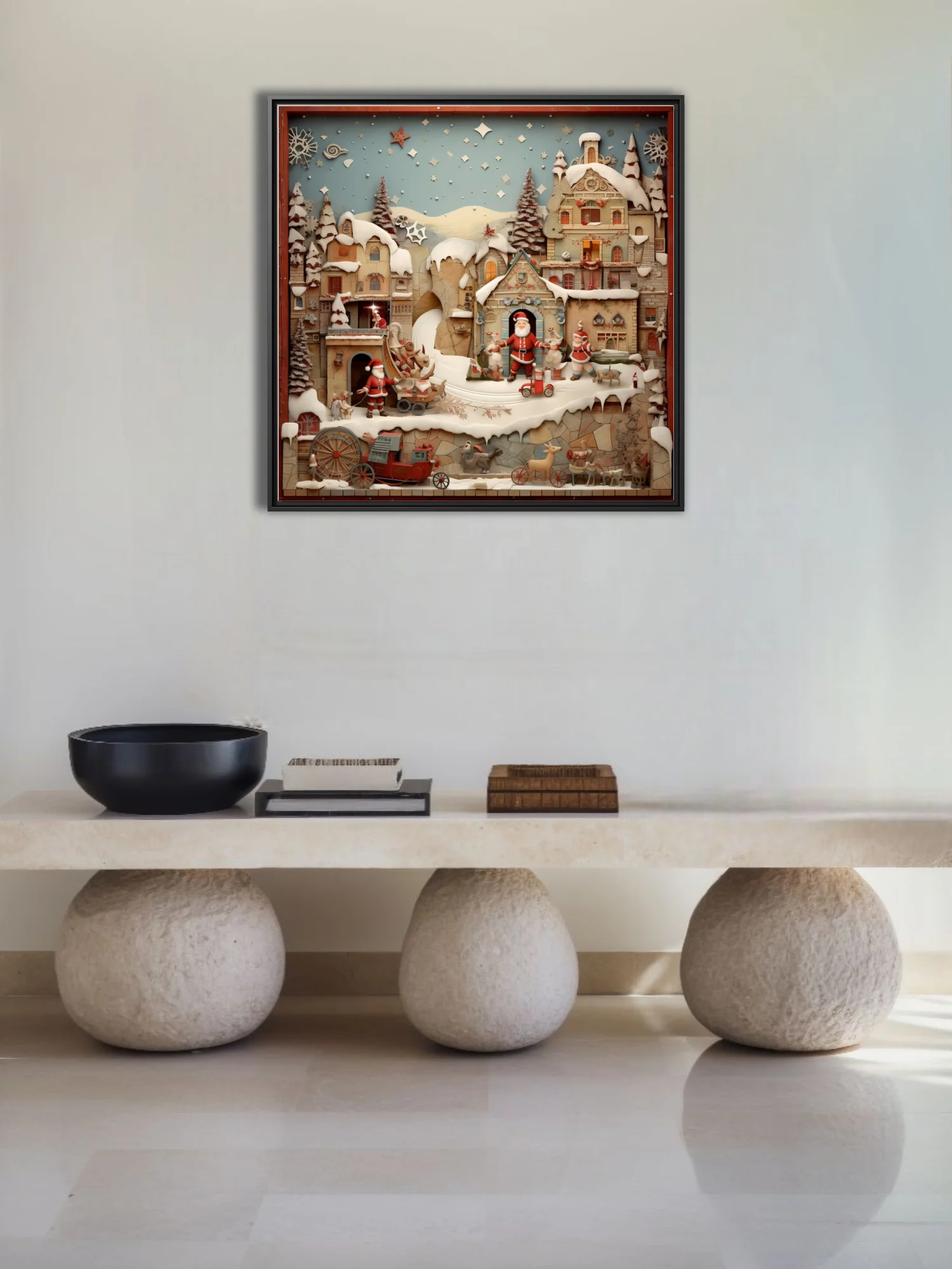 Folk-art Christmas village diorama with Santa figures, snowy buildings, and festive details