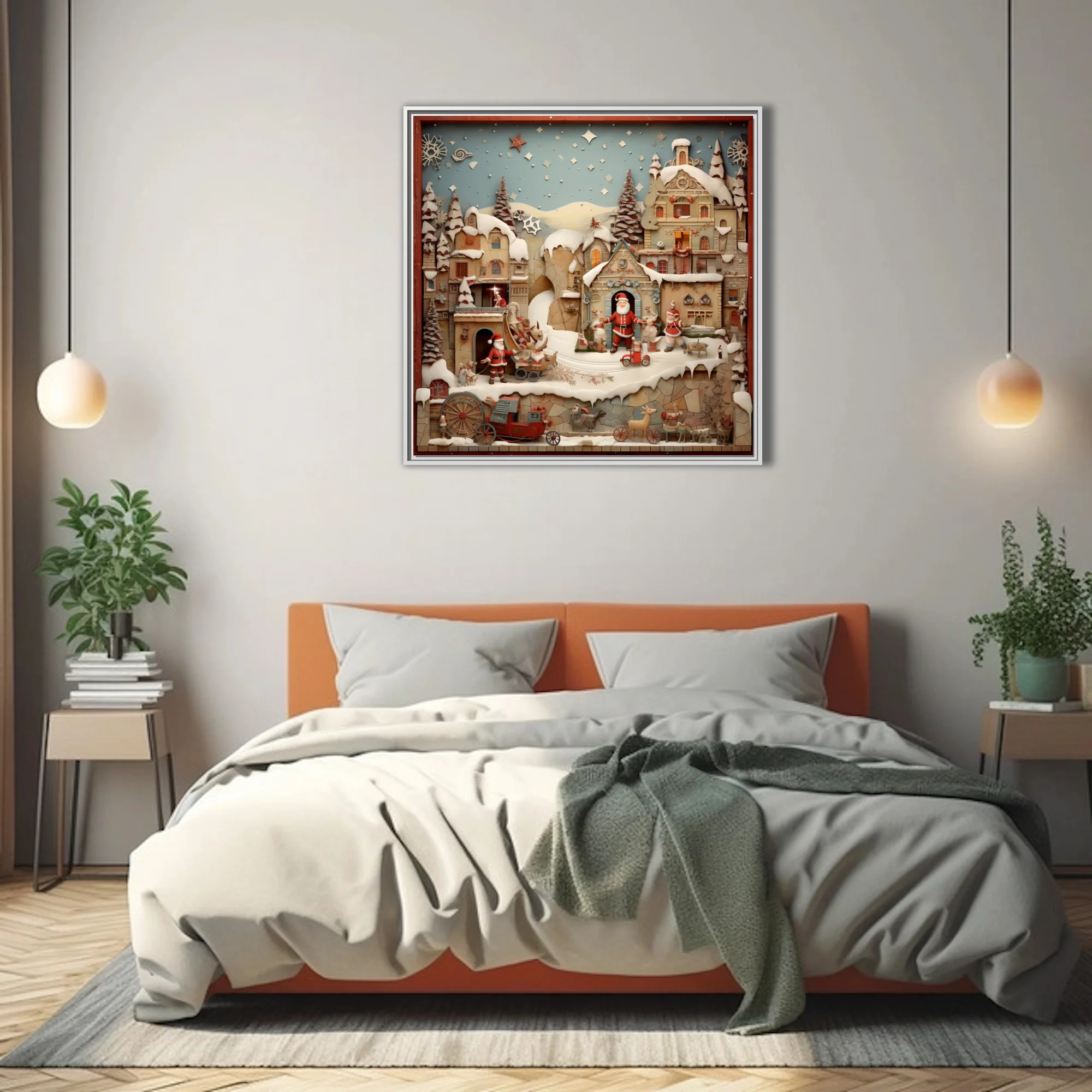 Folk-art Christmas village diorama with Santa figures, snowy buildings, and festive details
