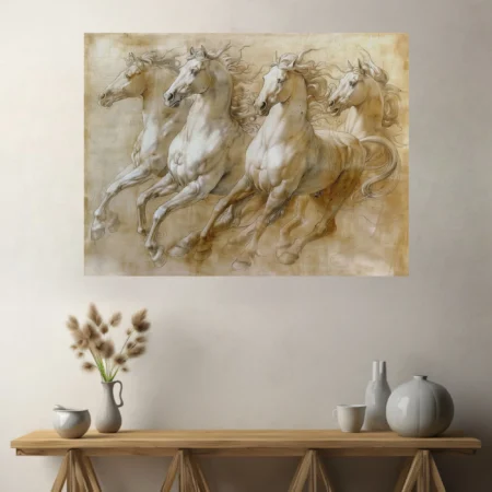 Classical sepia horse study, muscular galloping figures on aged parchment
