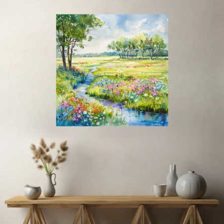 Watercolor-style wildflower meadow landscape with stream, trees, and bright summer blooms