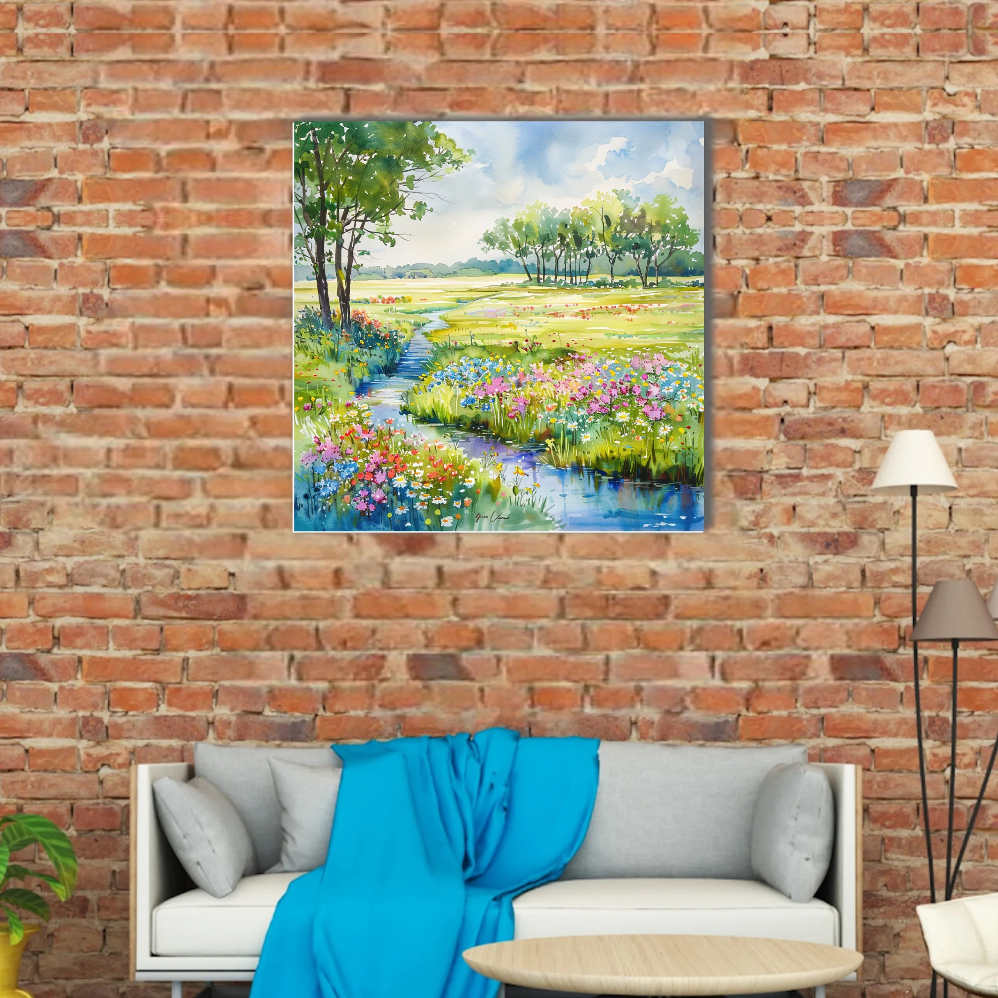 Watercolor-style wildflower meadow landscape with stream, trees, and bright summer blooms