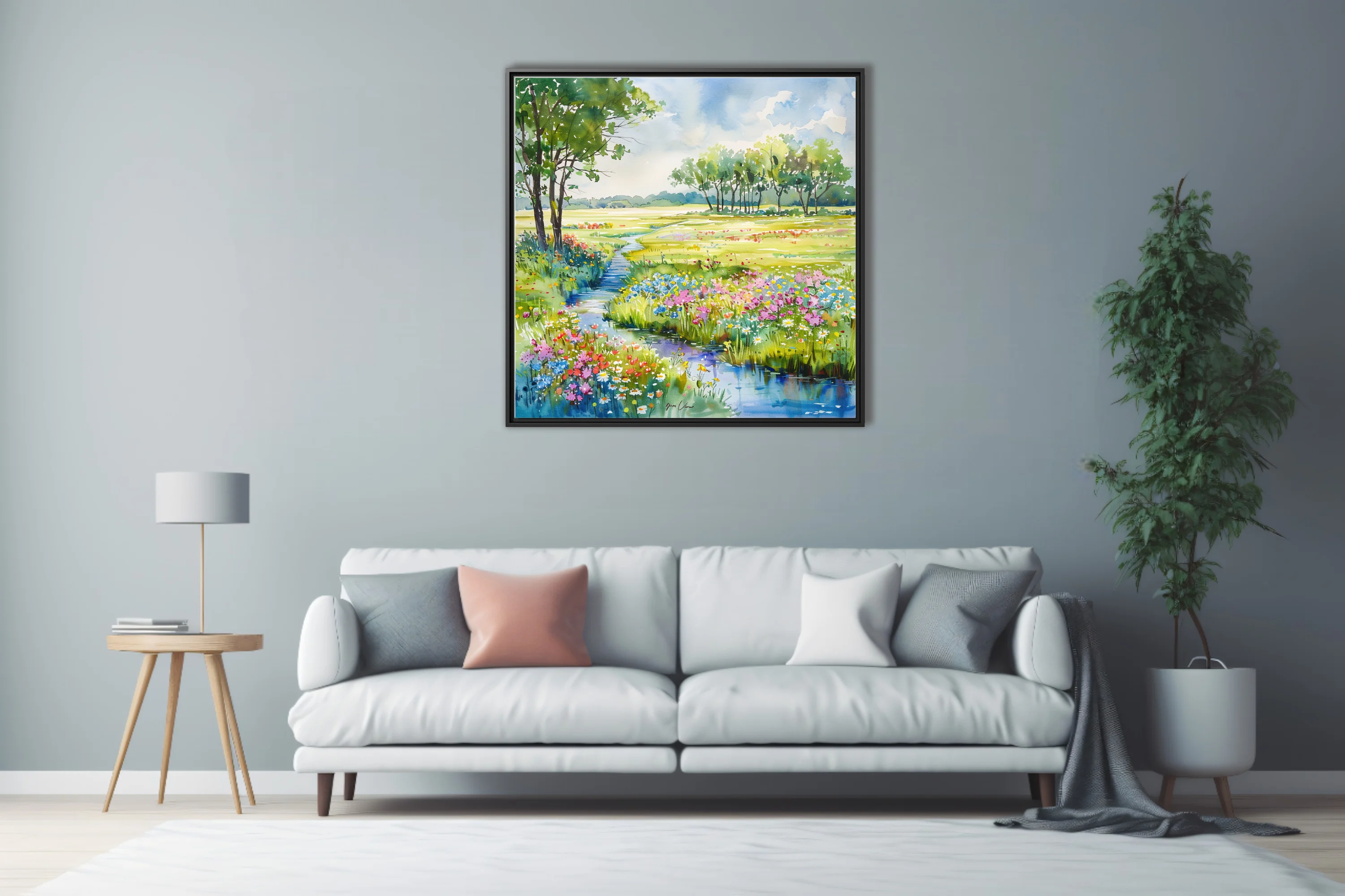 Watercolor-style wildflower meadow landscape with stream, trees, and bright summer blooms
