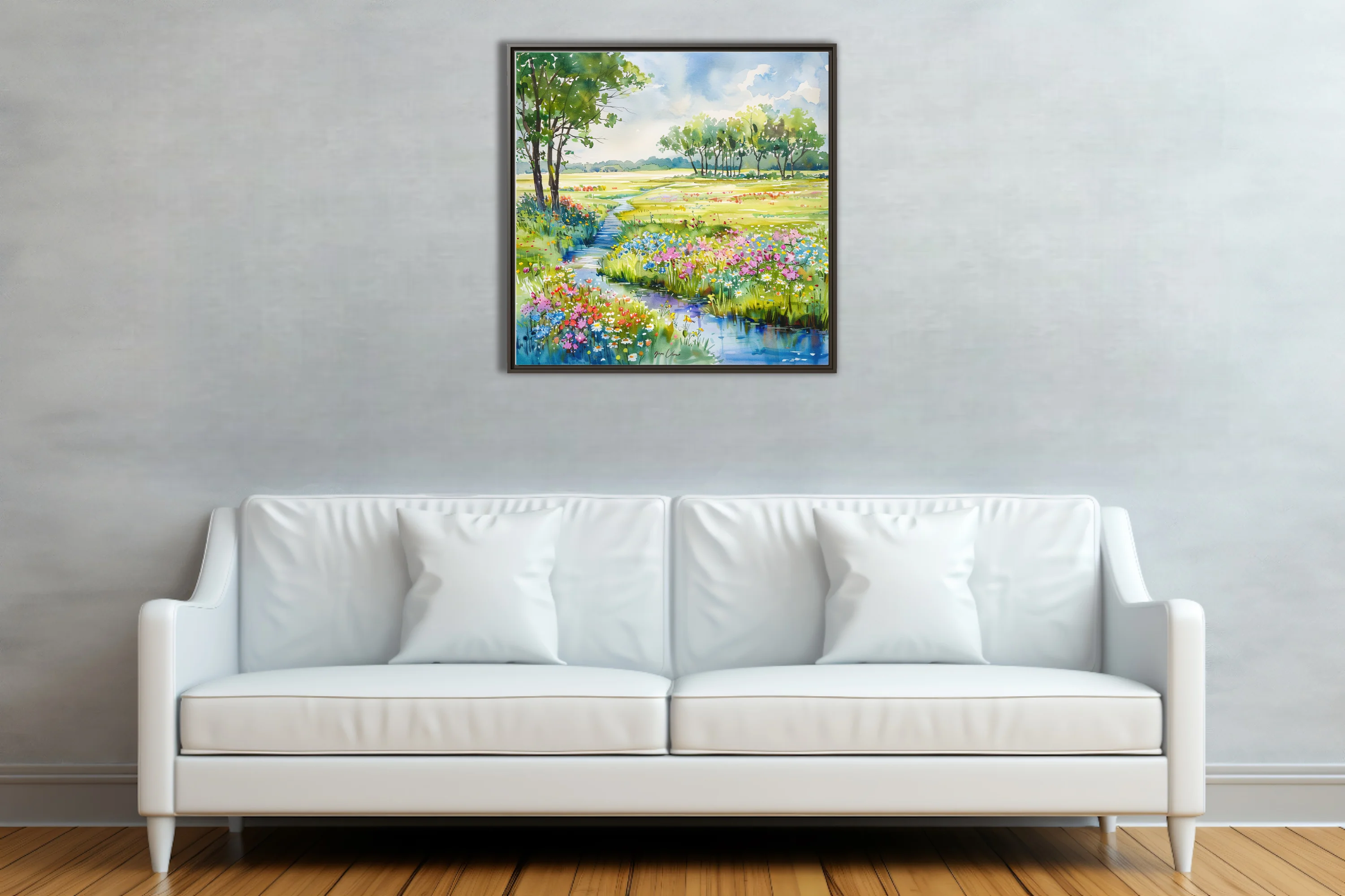 Watercolor-style wildflower meadow landscape with stream, trees, and bright summer blooms