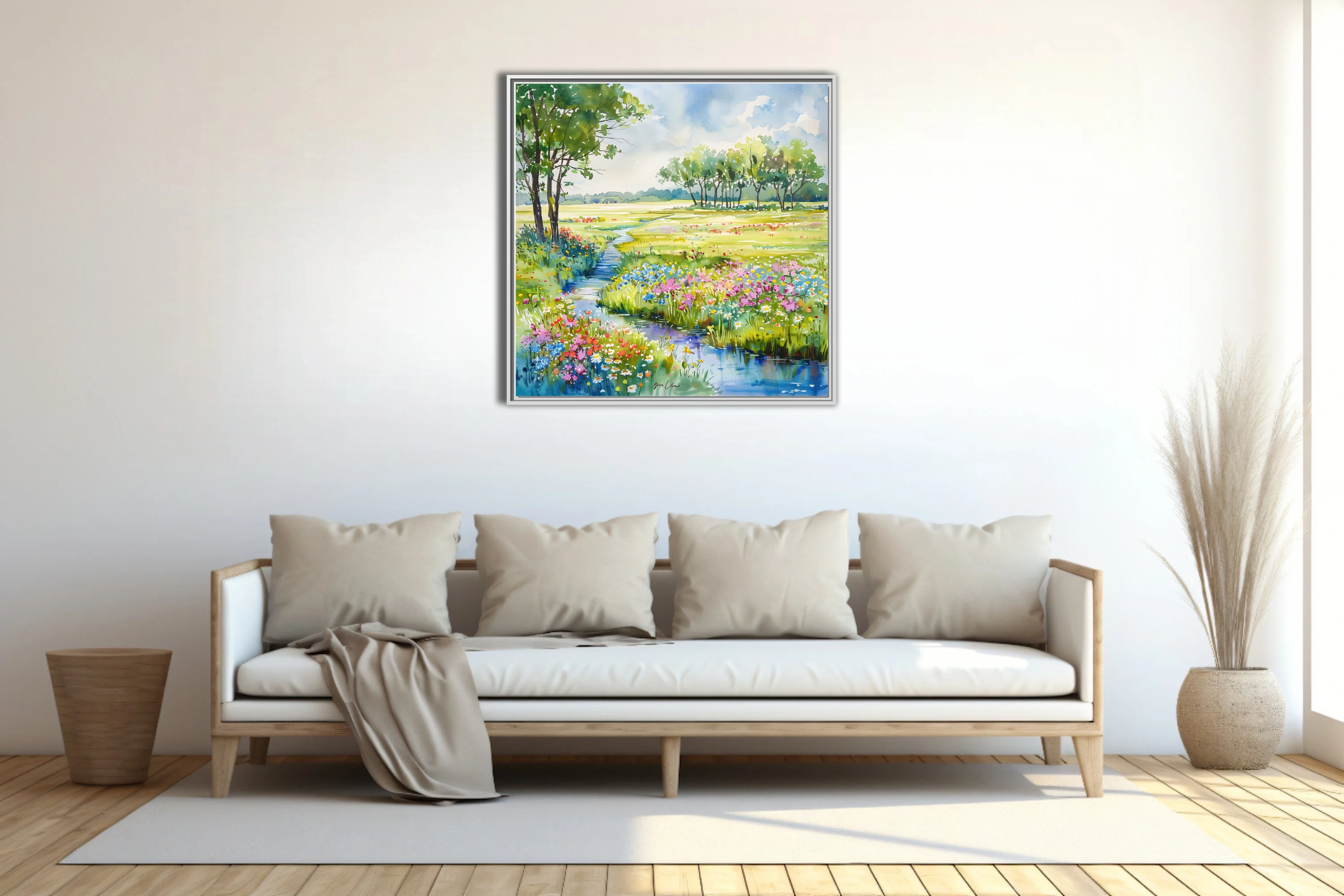 Watercolor-style wildflower meadow landscape with stream, trees, and bright summer blooms