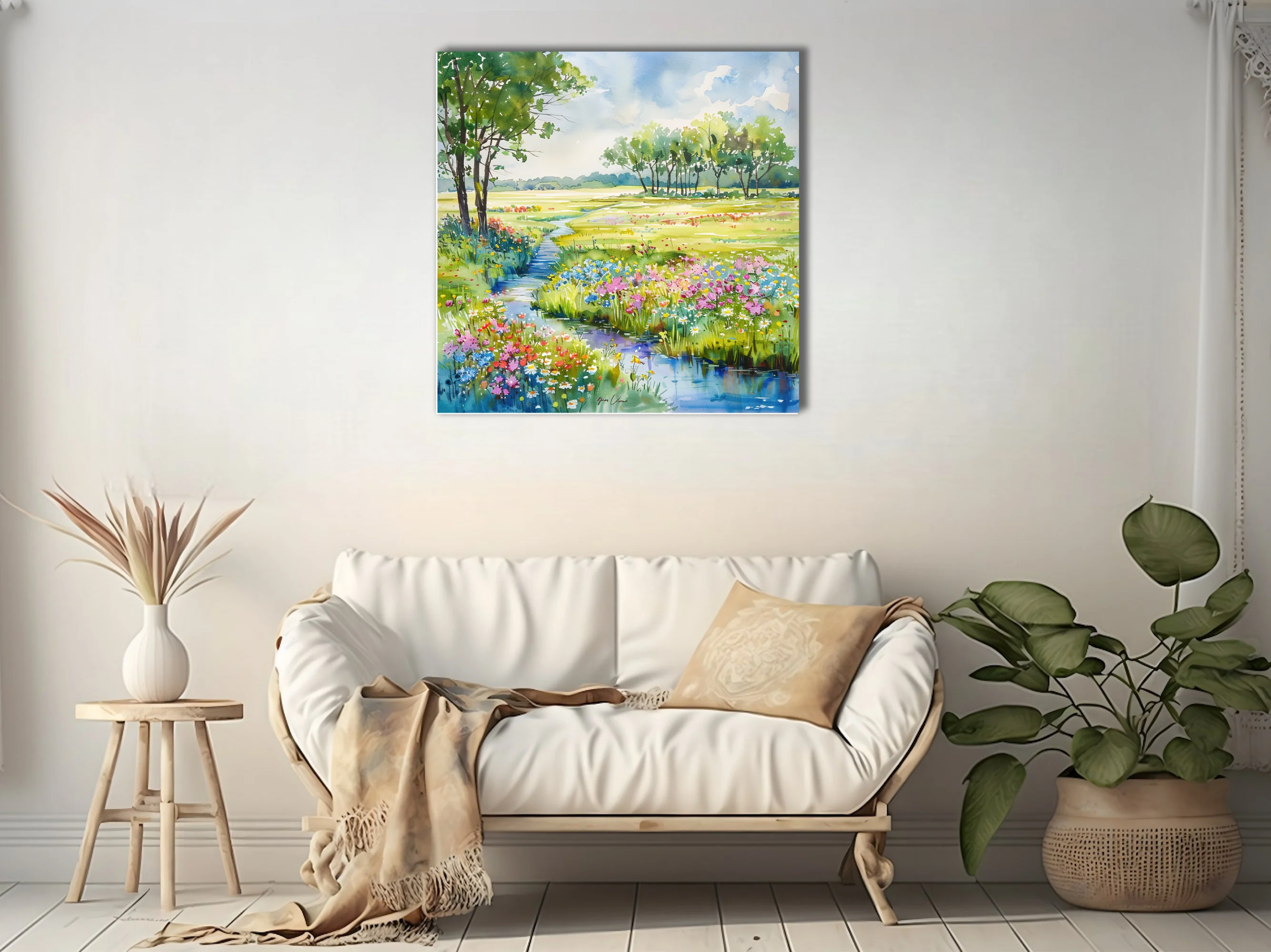 Watercolor-style wildflower meadow landscape with stream, trees, and bright summer blooms