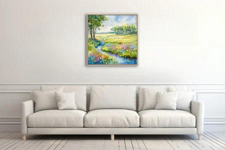 Watercolor-style wildflower meadow landscape with stream, trees, and bright summer blooms
