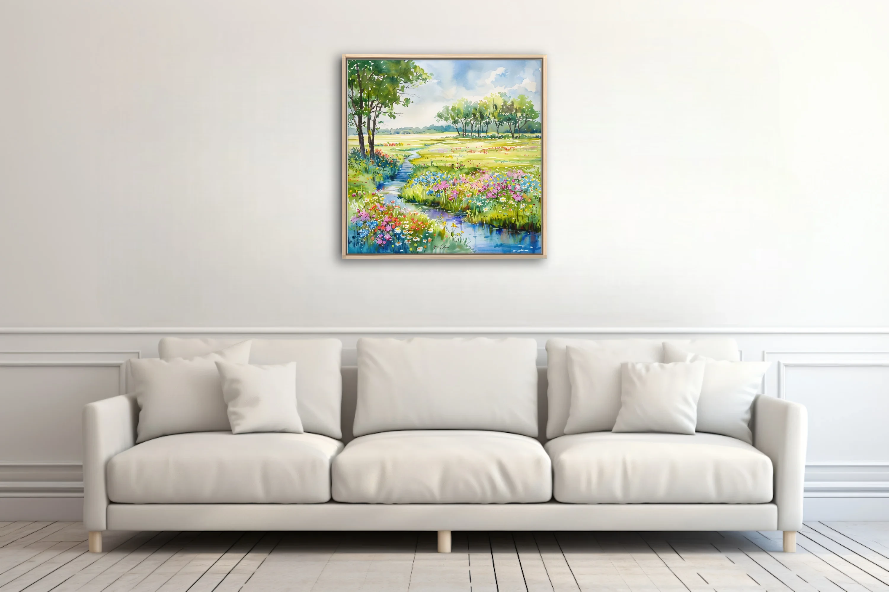 Watercolor-style wildflower meadow landscape with stream, trees, and bright summer blooms