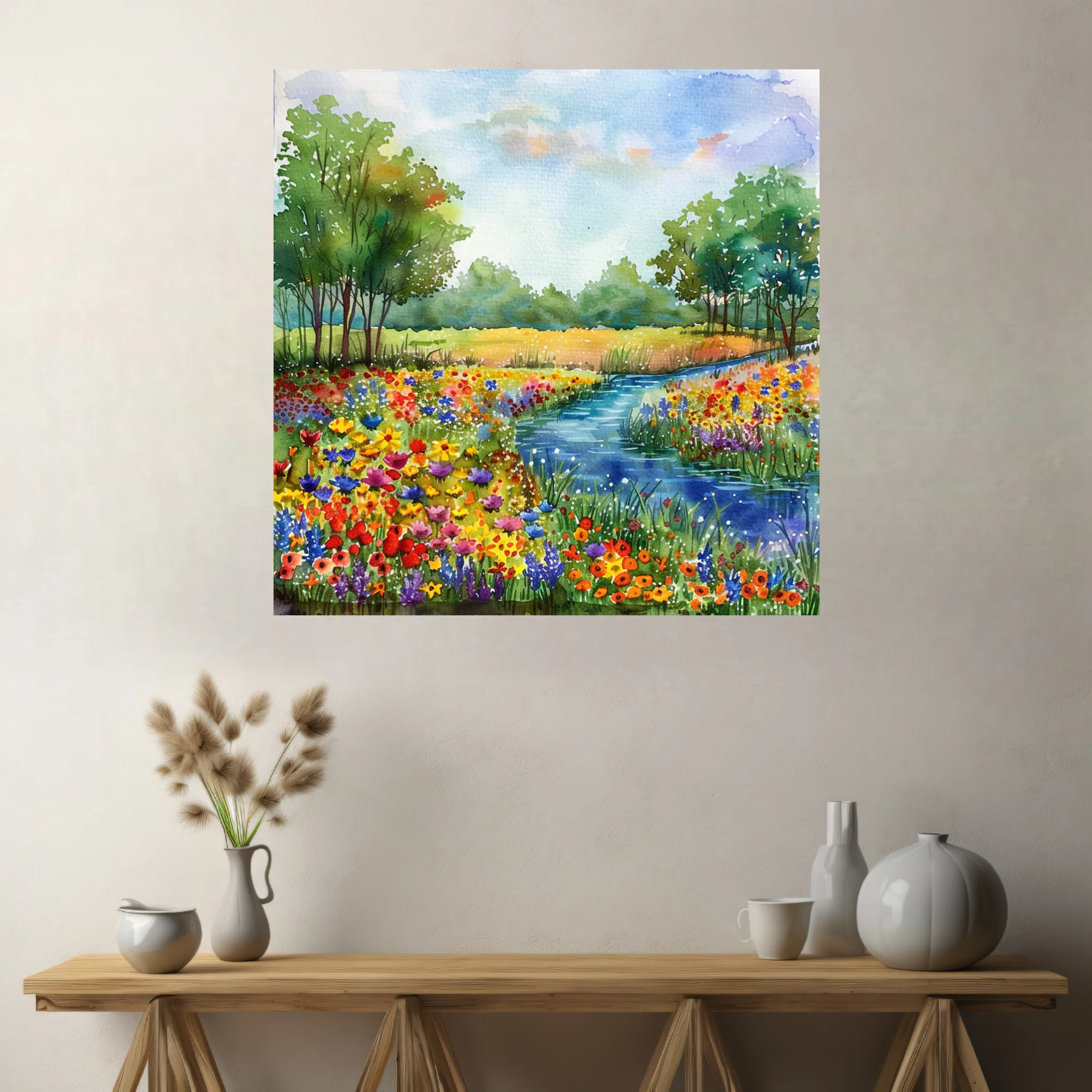 Vibrant watercolor-style wildflower meadow with winding river, lush trees, and bright summer sky