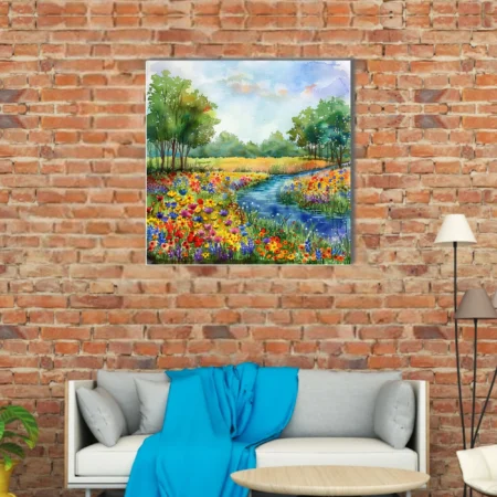 Vibrant watercolor-style wildflower meadow with winding river, lush trees, and bright summer sky