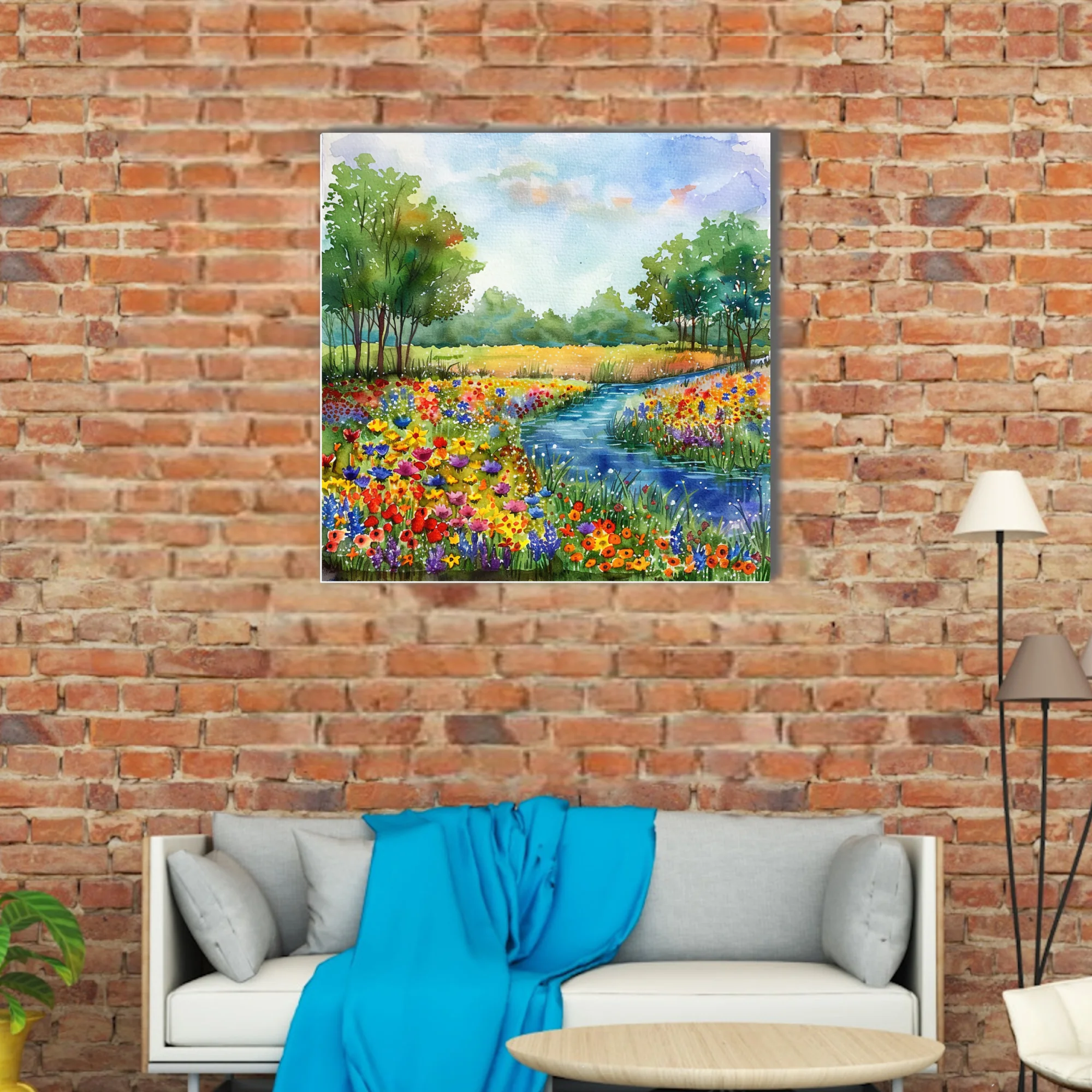 Vibrant watercolor-style wildflower meadow with winding river, lush trees, and bright summer sky