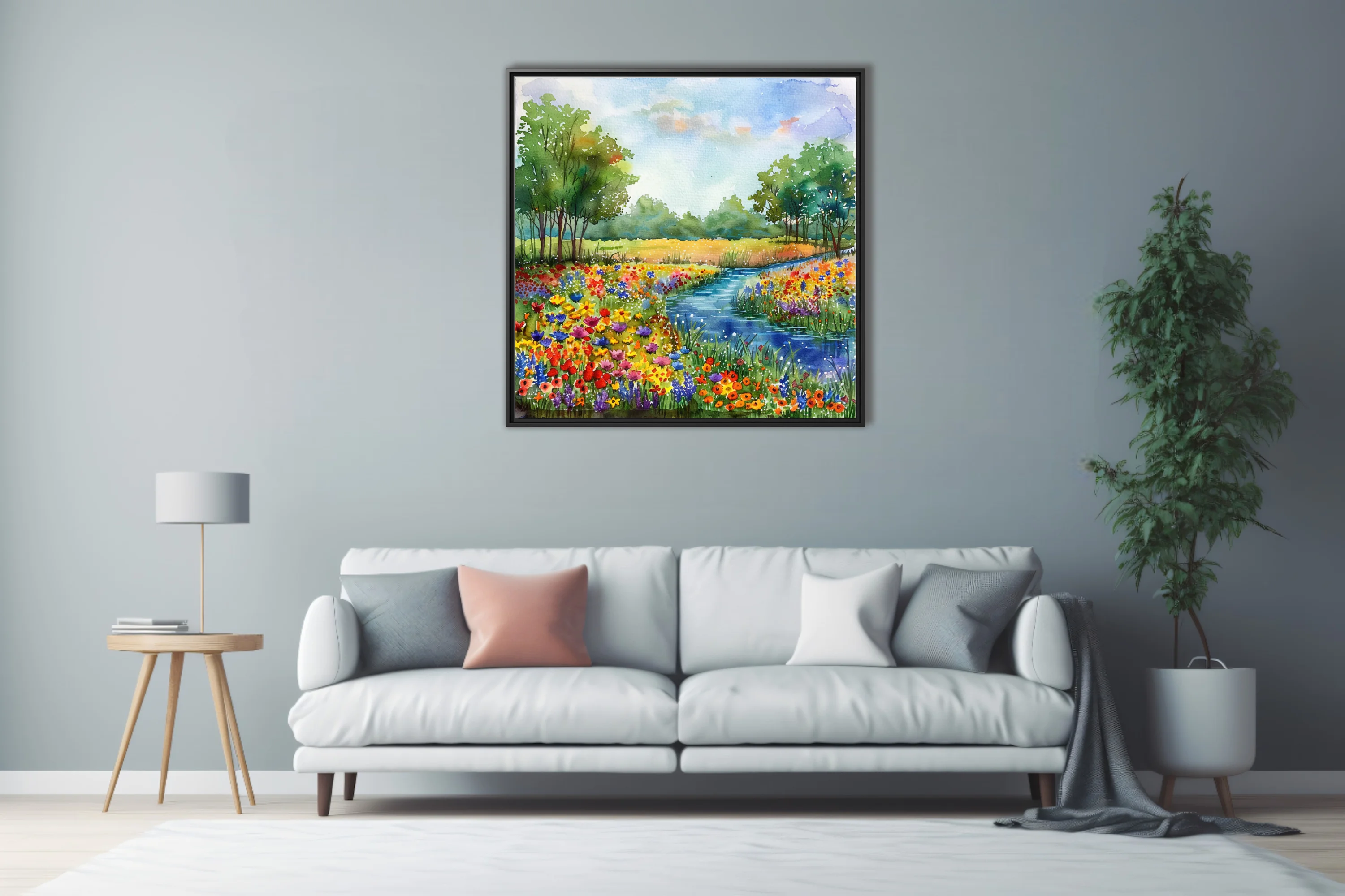 Vibrant watercolor-style wildflower meadow with winding river, lush trees, and bright summer sky