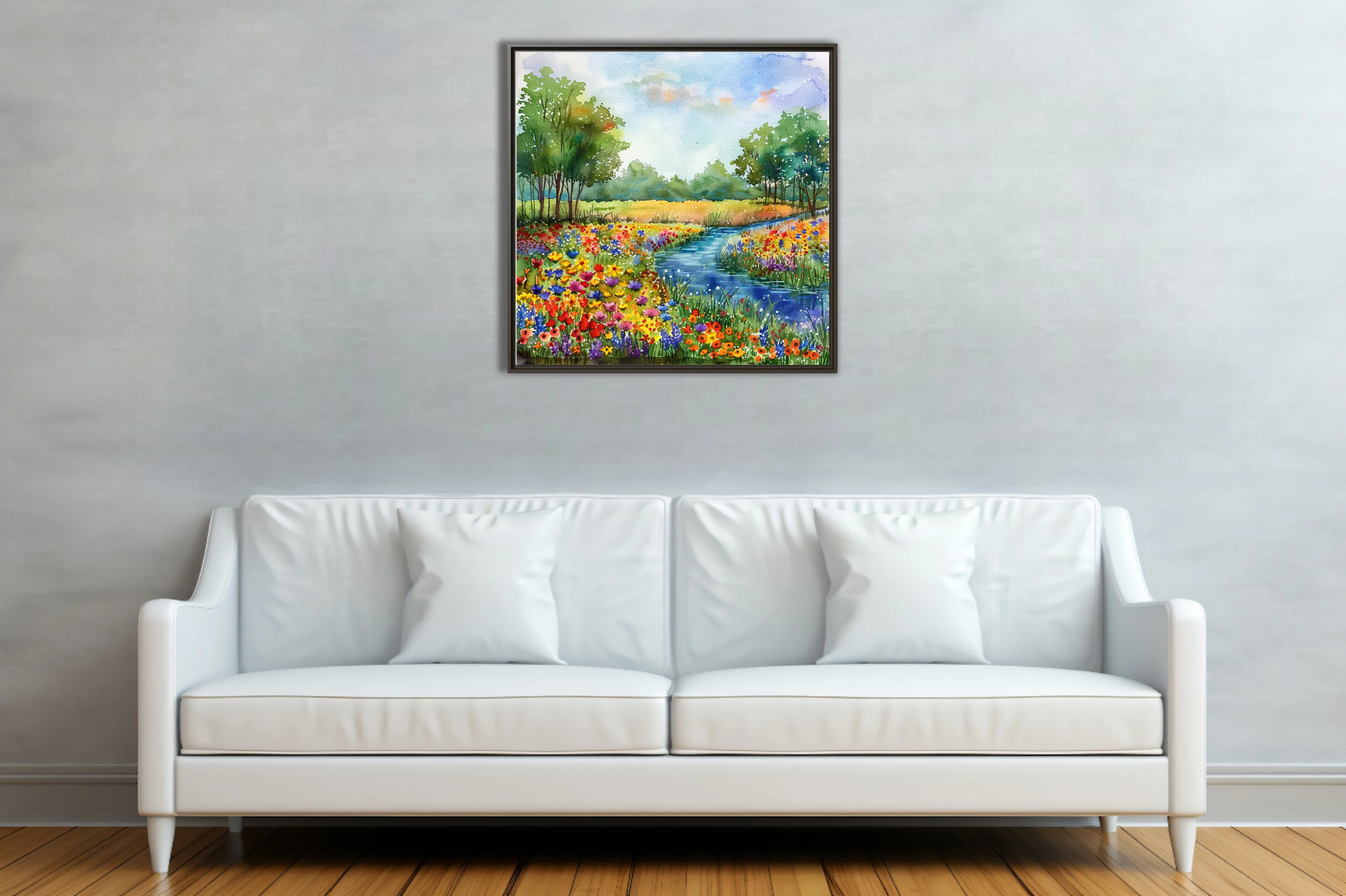 Vibrant watercolor-style wildflower meadow with winding river, lush trees, and bright summer sky