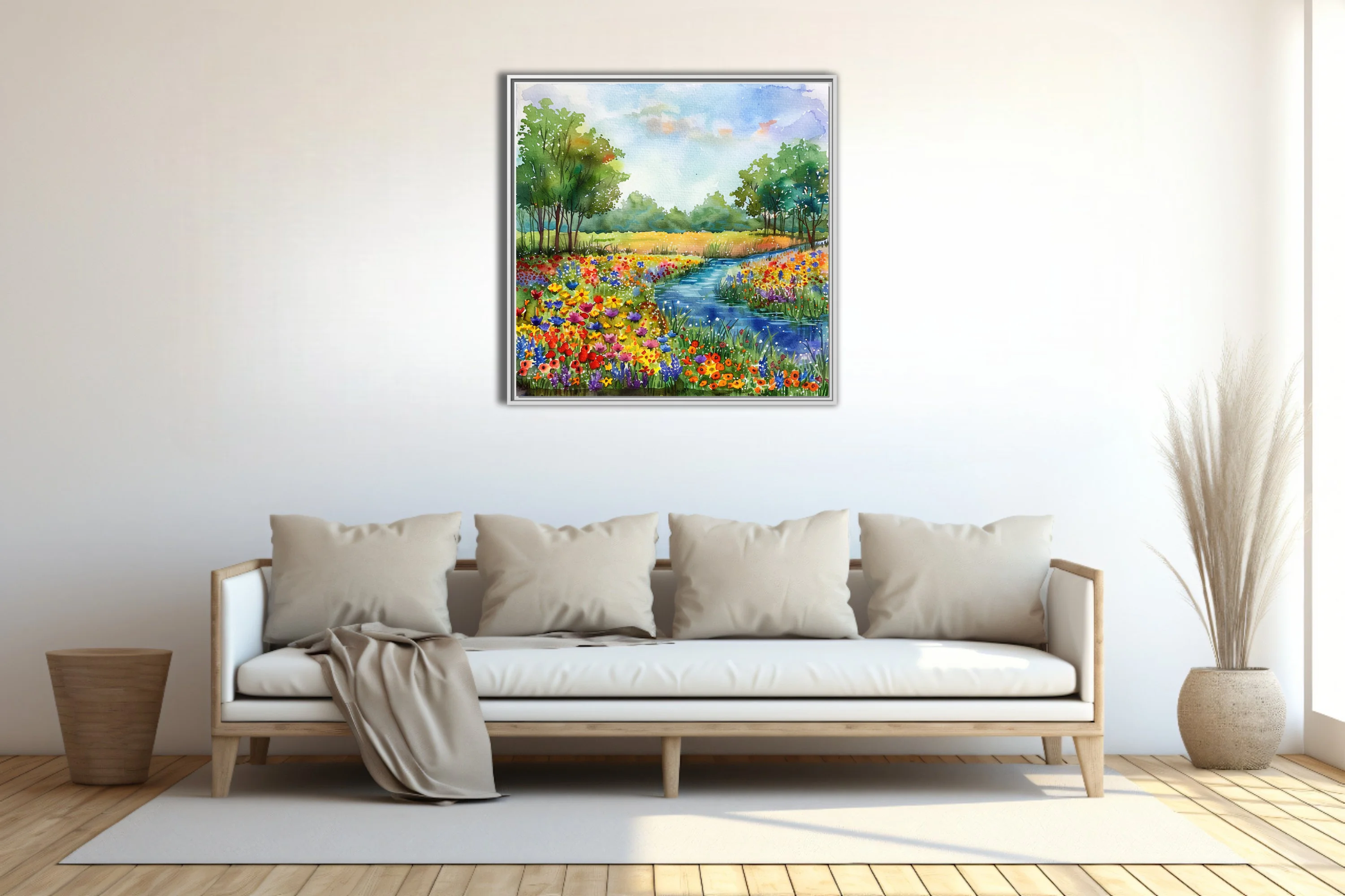 Vibrant watercolor-style wildflower meadow with winding river, lush trees, and bright summer sky