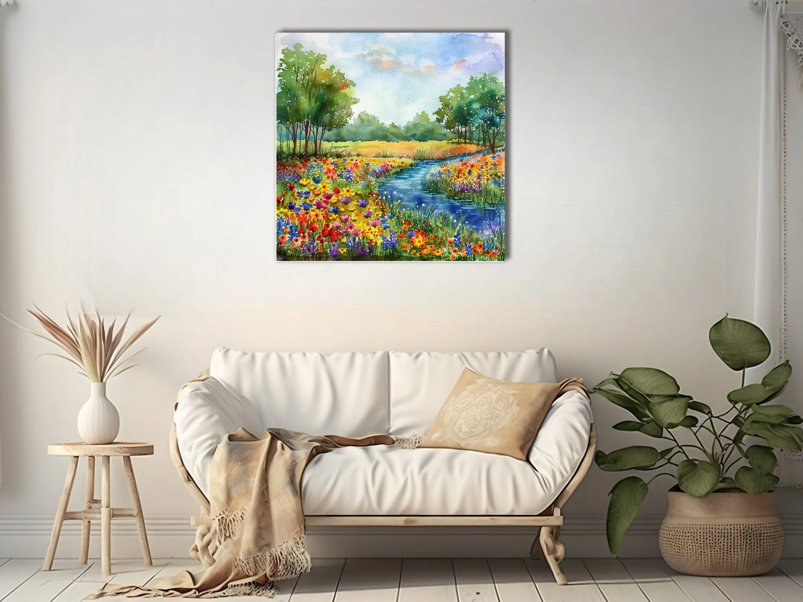 Vibrant watercolor-style wildflower meadow with winding river, lush trees, and bright summer sky