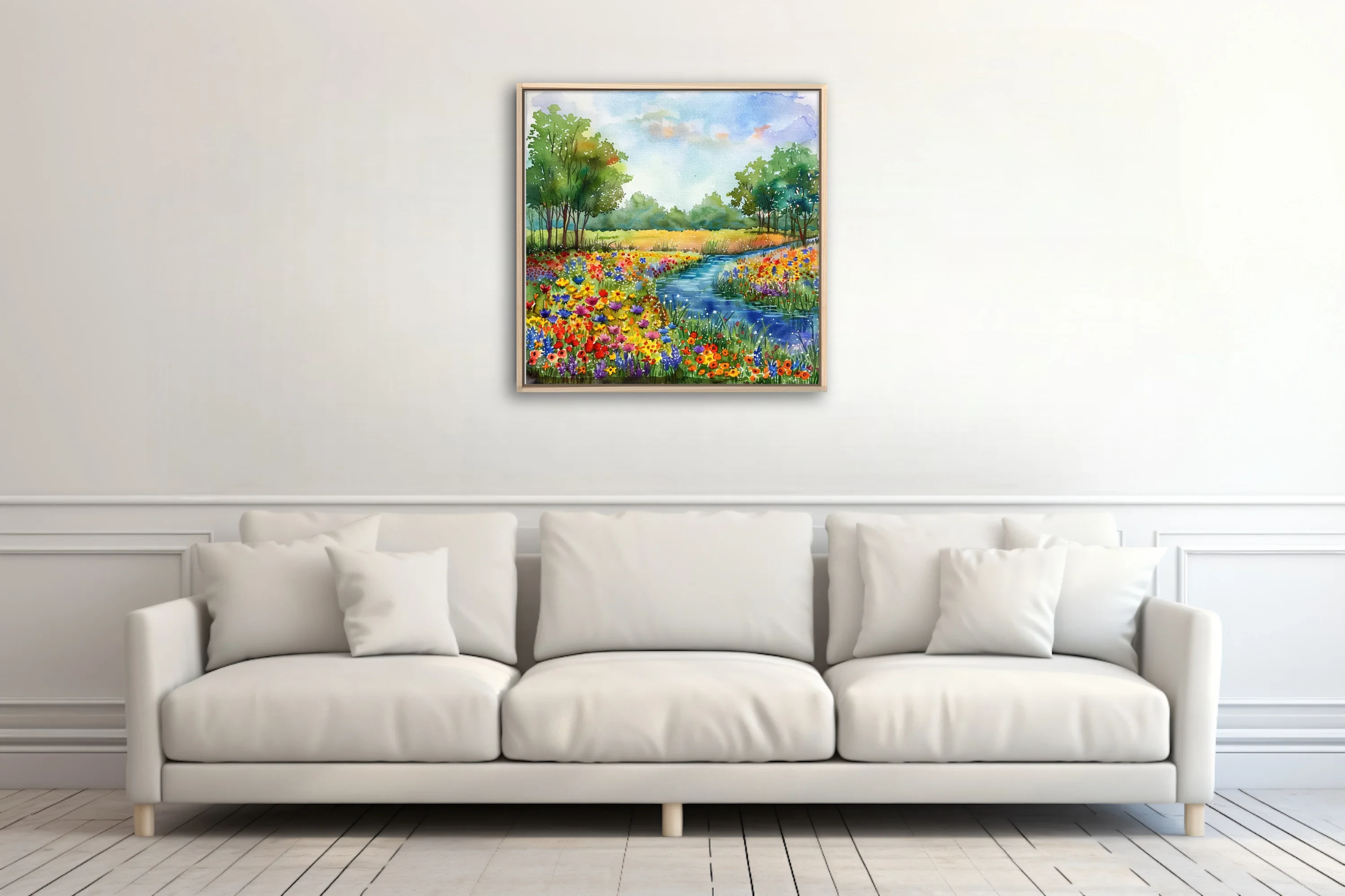 Vibrant watercolor-style wildflower meadow with winding river, lush trees, and bright summer sky