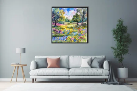Vibrant watercolor-style wildflower meadow with trees and stream in rose, cobalt, and buttery yellow