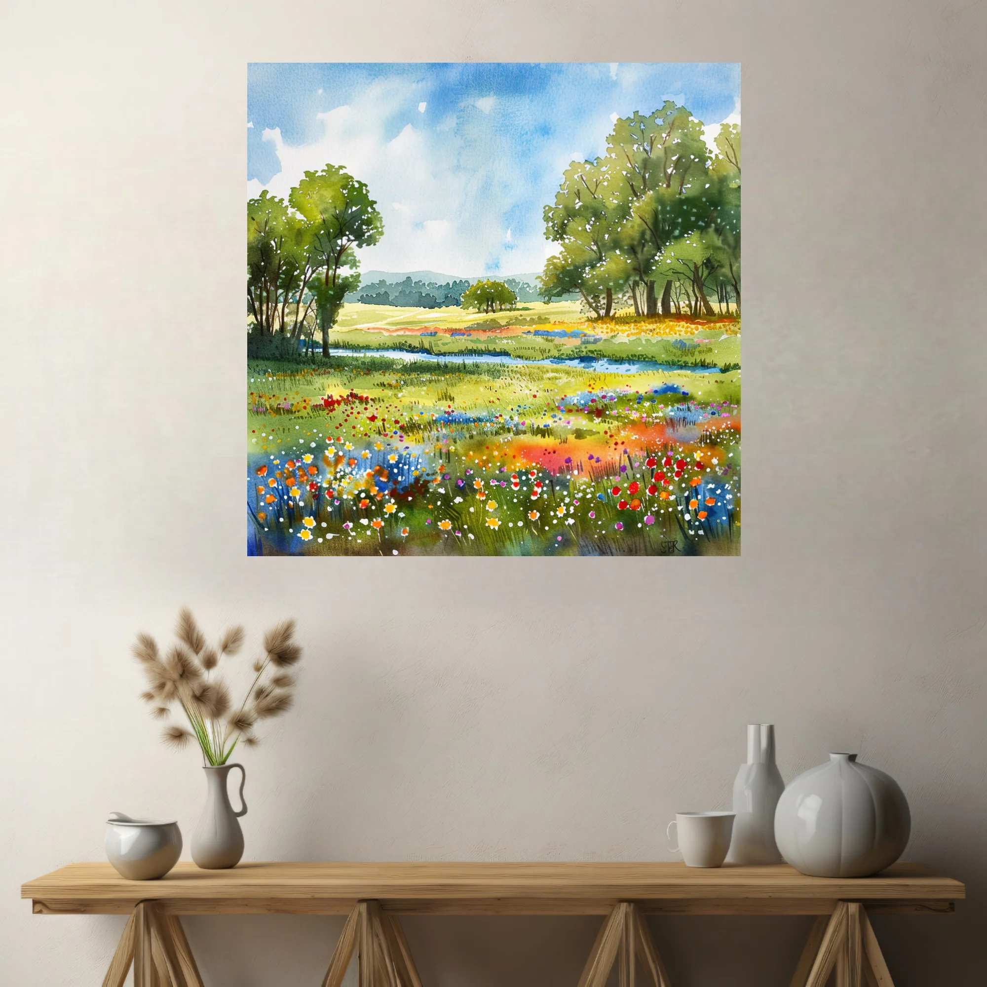 Watercolor-style wildflower meadow with trees, stream, and bright summer sky in vivid pastoral tones