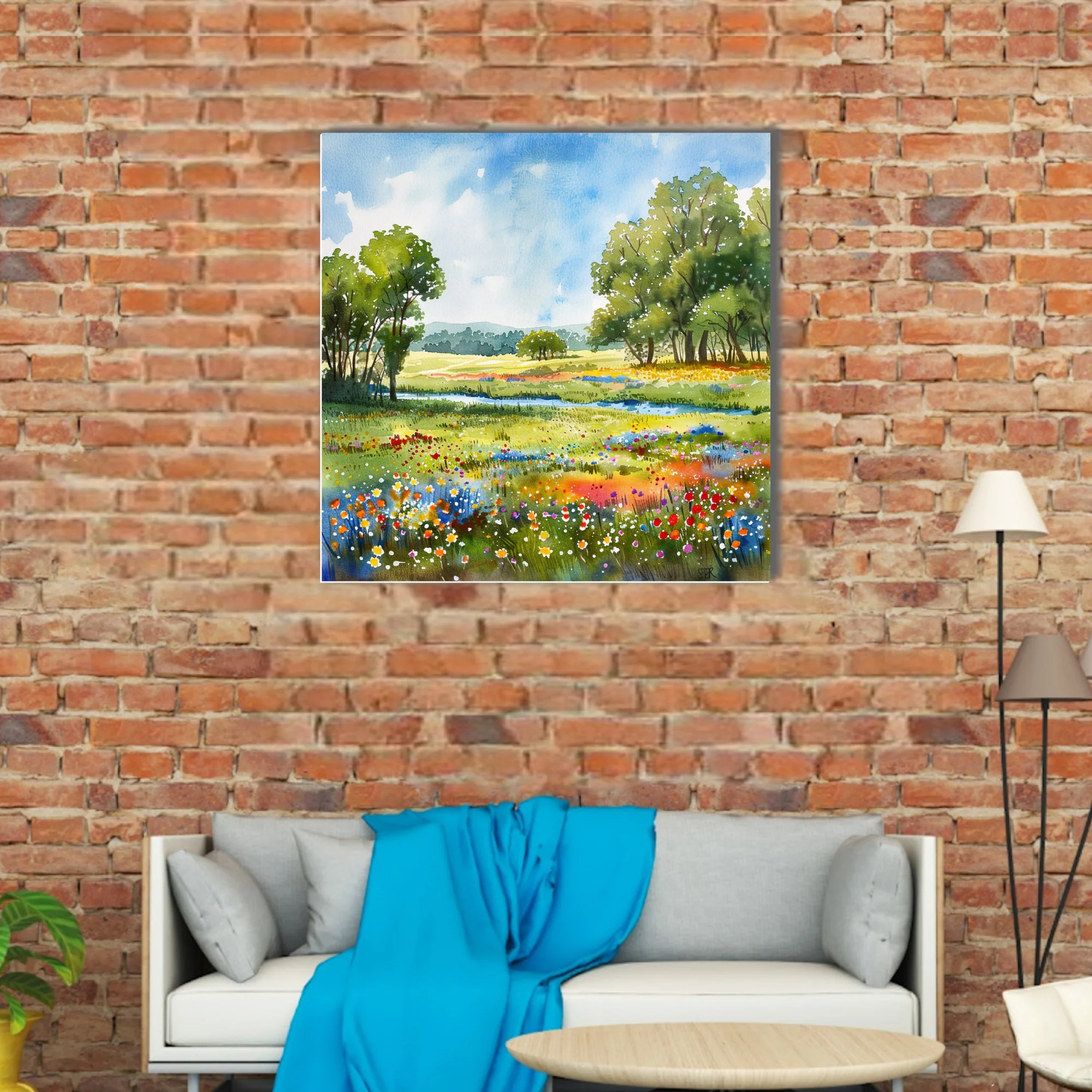 Watercolor-style wildflower meadow with trees, stream, and bright summer sky in vivid pastoral tones
