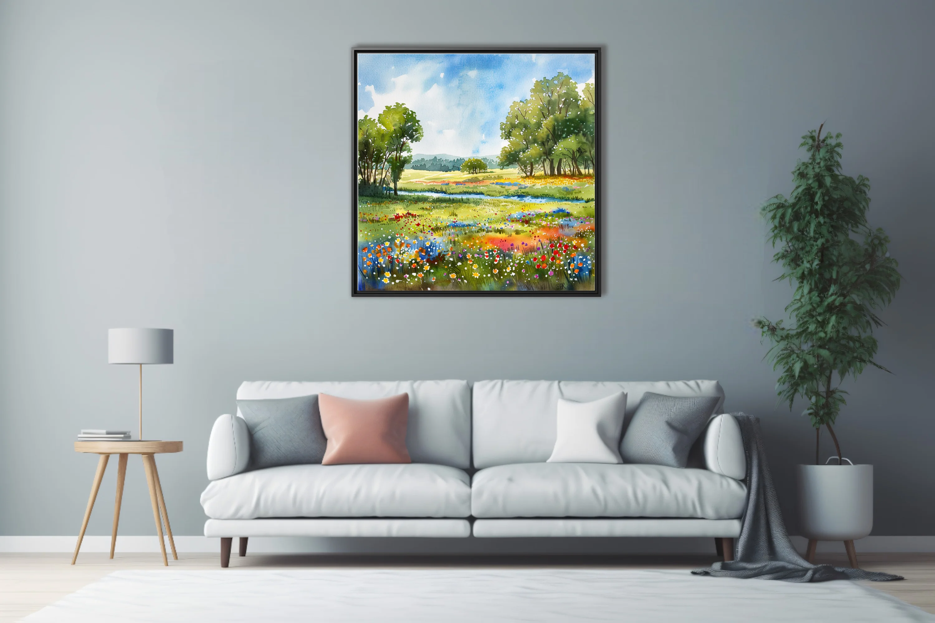 Watercolor-style wildflower meadow with trees, stream, and bright summer sky in vivid pastoral tones