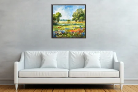 Watercolor-style wildflower meadow with trees, stream, and bright summer sky in vivid pastoral tones