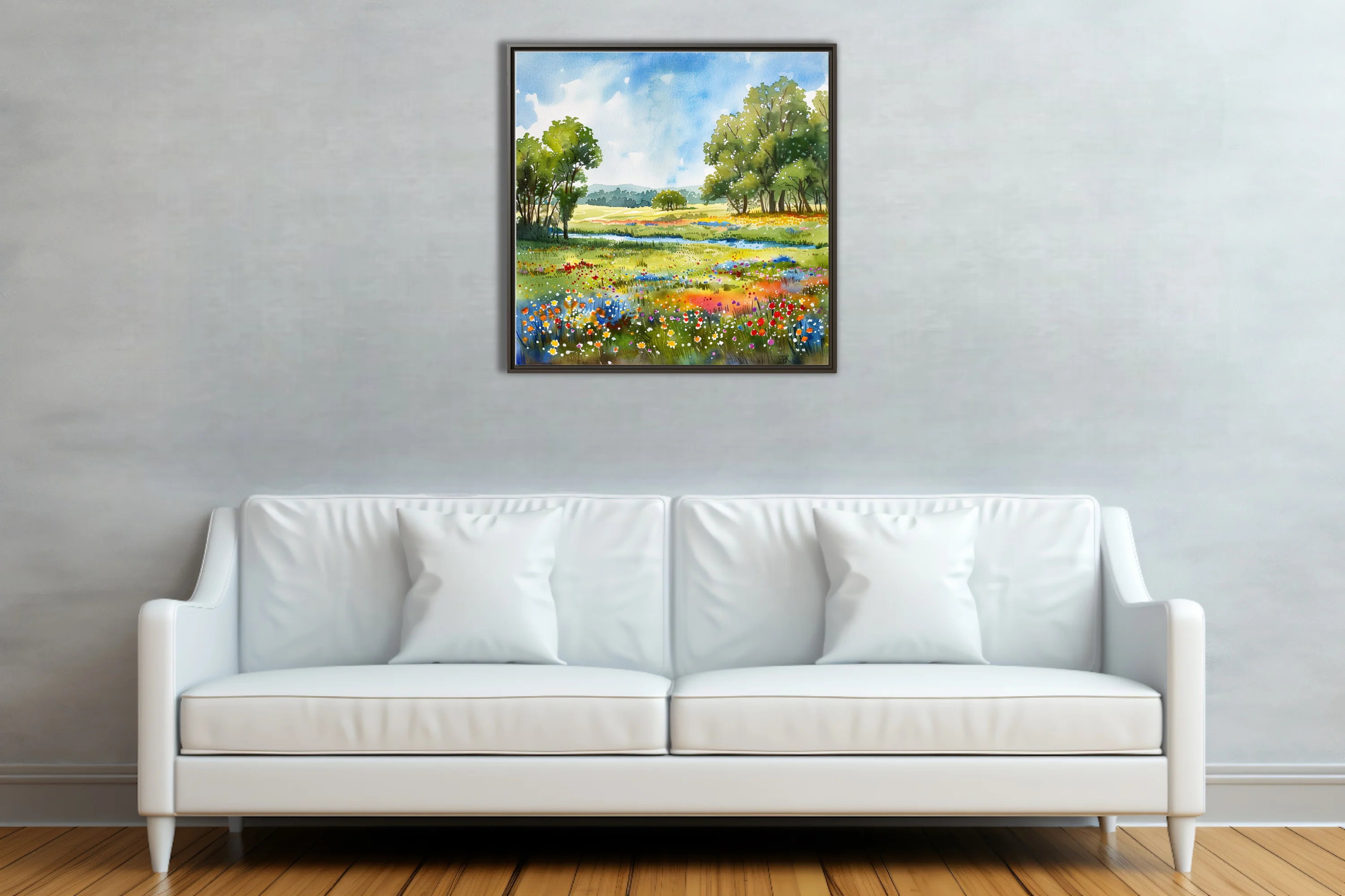 Watercolor-style wildflower meadow with trees, stream, and bright summer sky in vivid pastoral tones