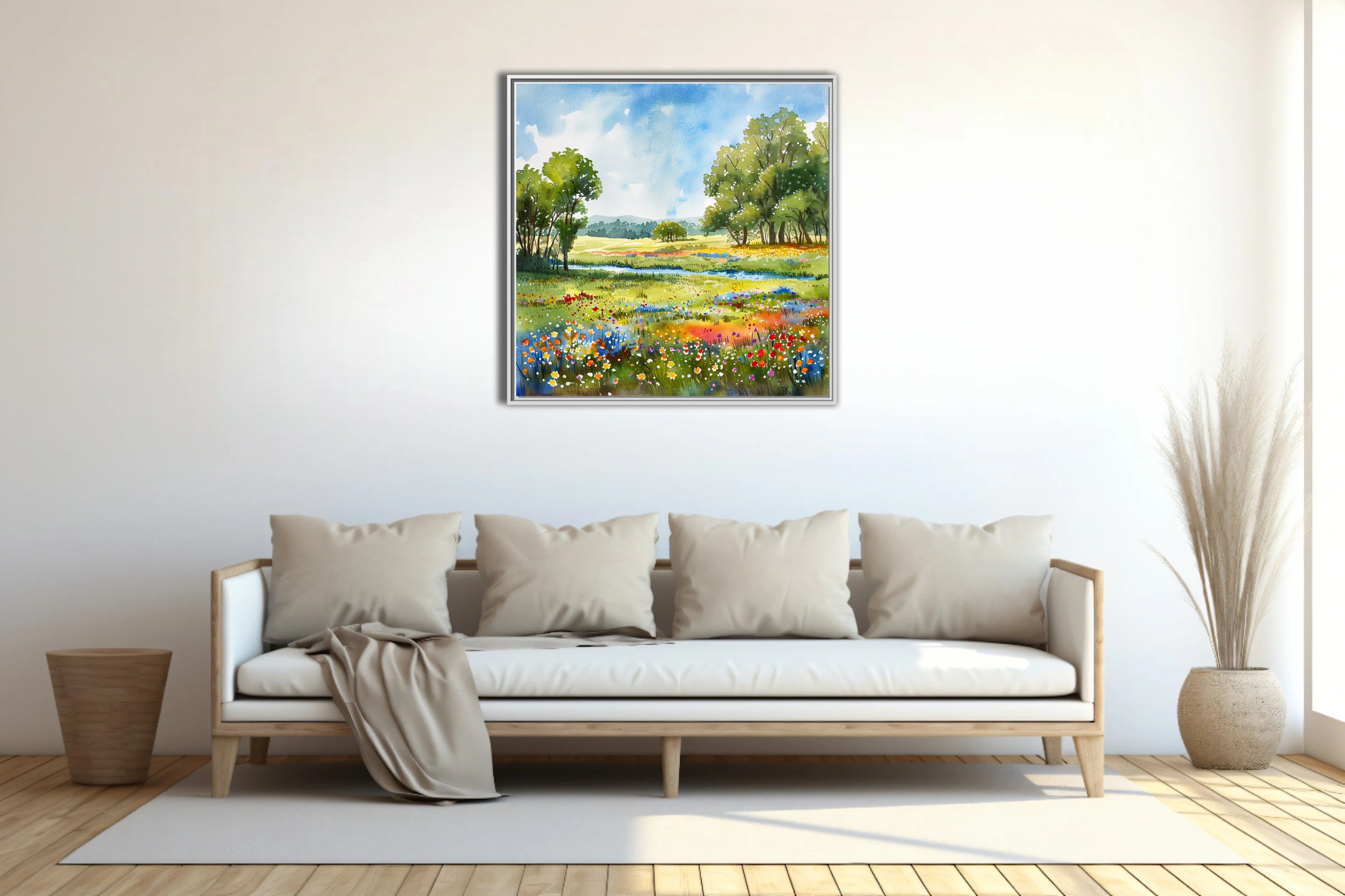 Watercolor-style wildflower meadow with trees, stream, and bright summer sky in vivid pastoral tones