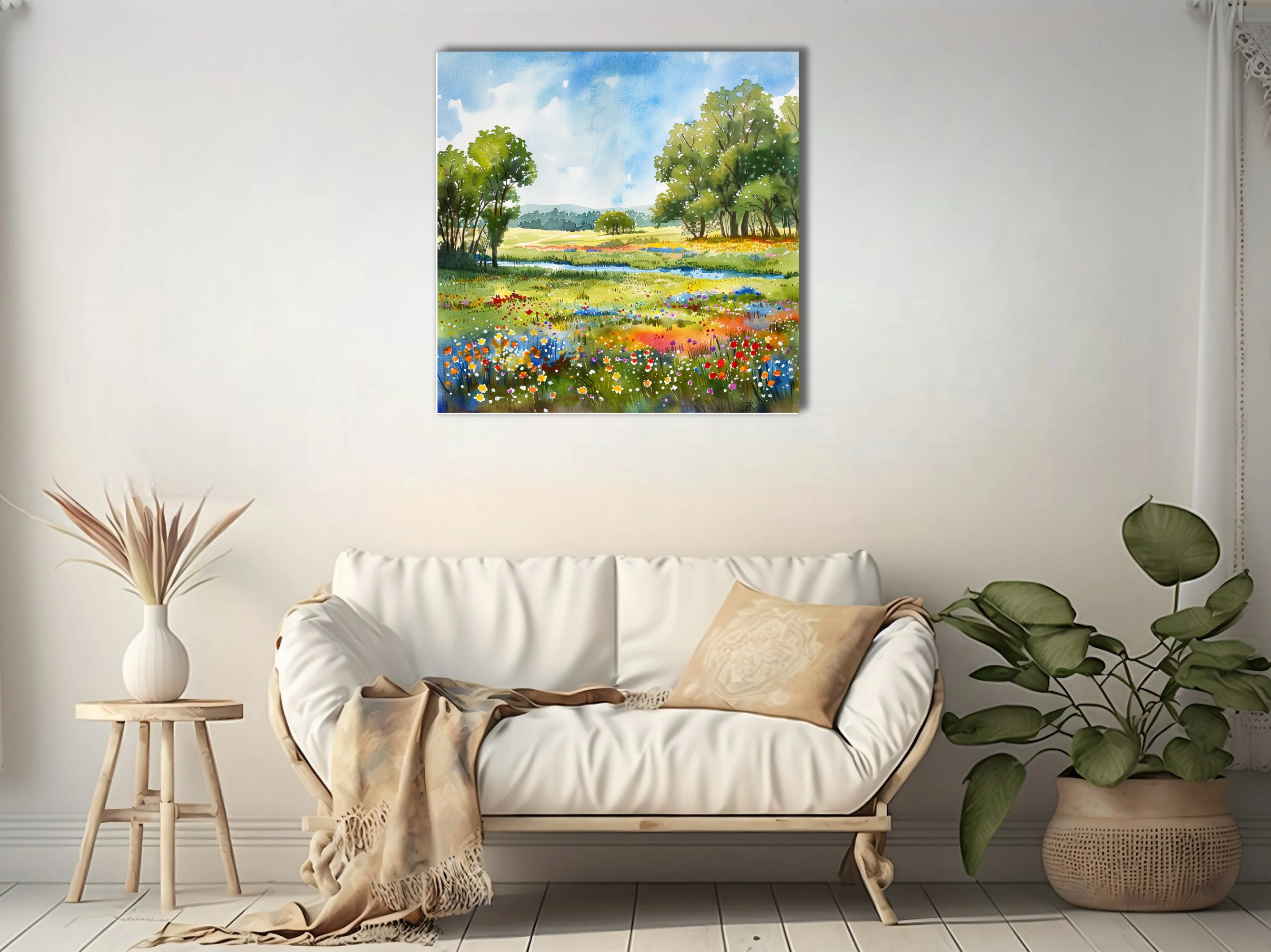 Watercolor-style wildflower meadow with trees, stream, and bright summer sky in vivid pastoral tones