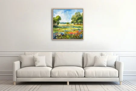 Watercolor-style wildflower meadow with trees, stream, and bright summer sky in vivid pastoral tones