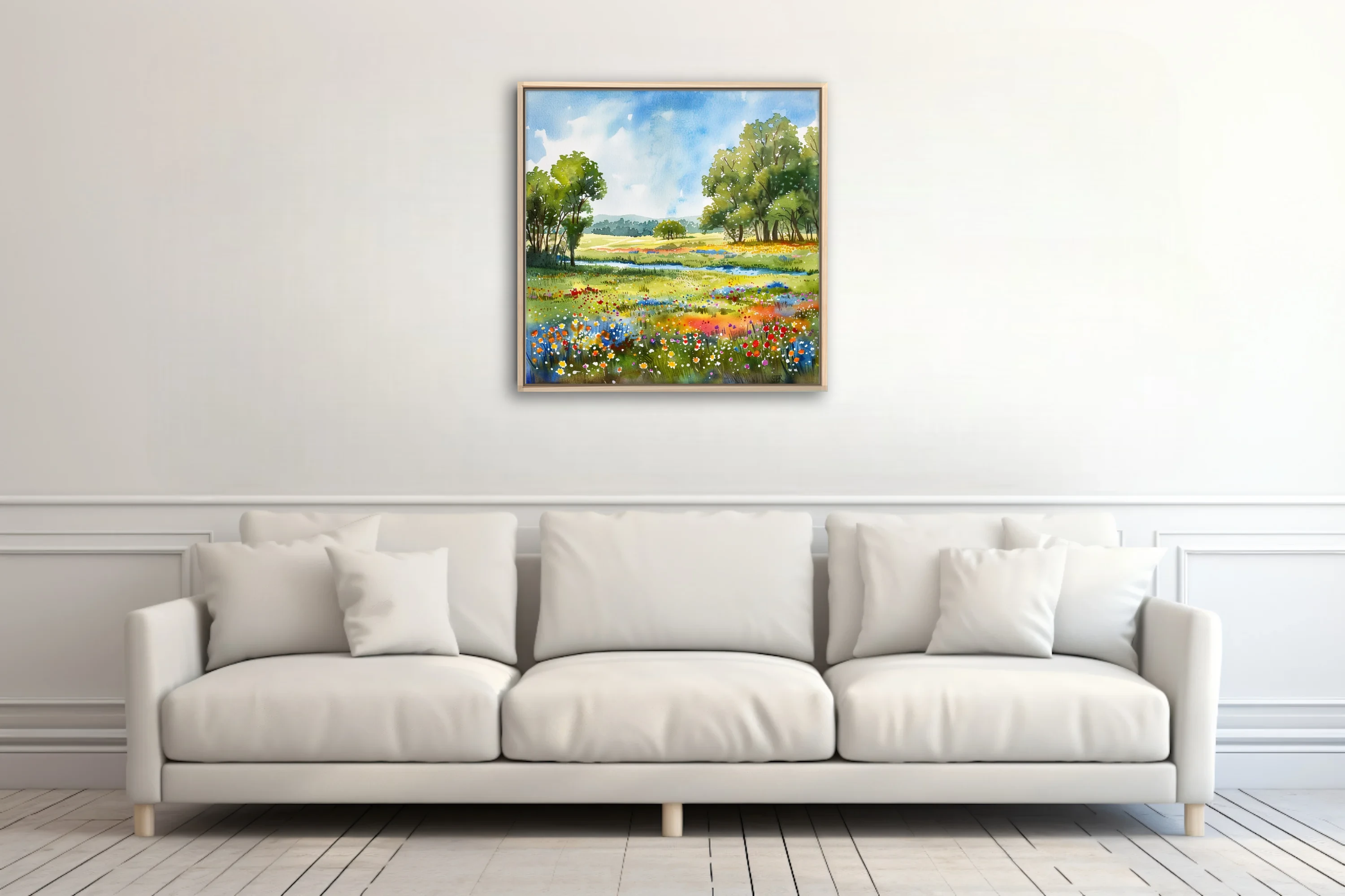 Watercolor-style wildflower meadow with trees, stream, and bright summer sky in vivid pastoral tones