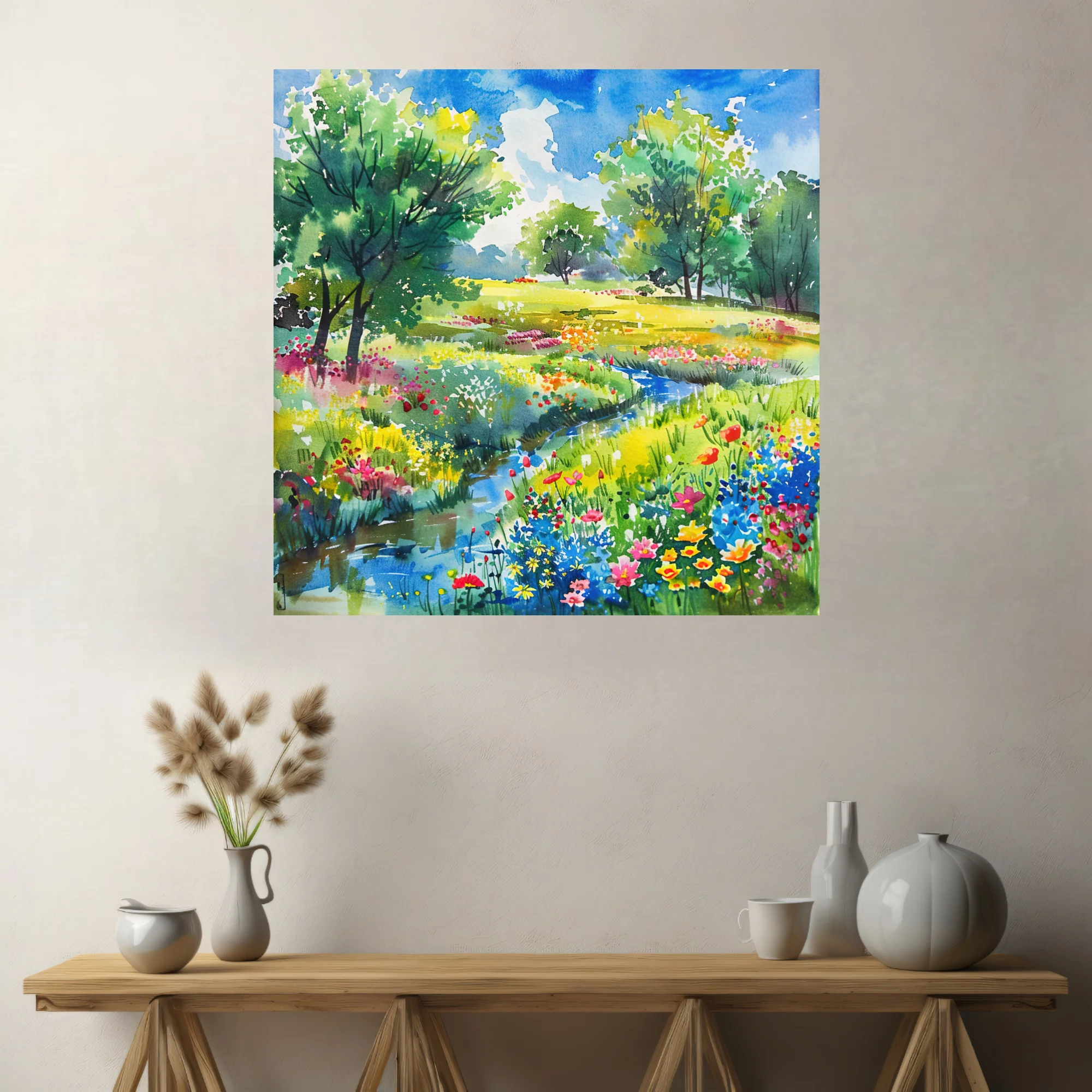Watercolor-style wildflower meadow with stream, trees, and bright summer sky in vivid jewel tones