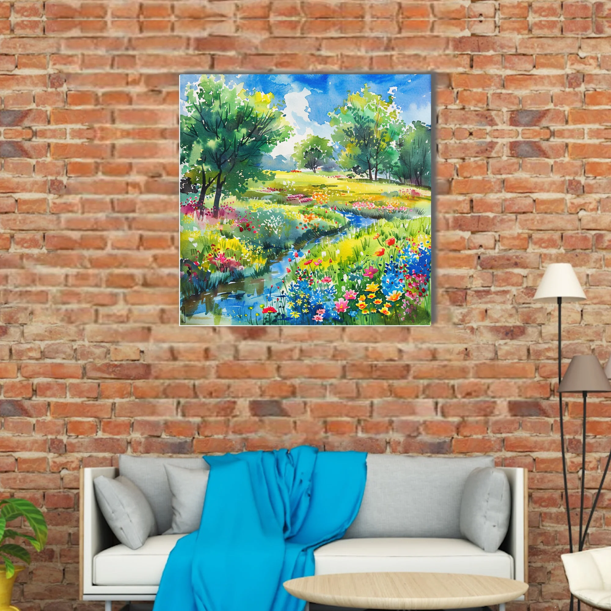 Watercolor-style wildflower meadow with stream, trees, and bright summer sky in vivid jewel tones
