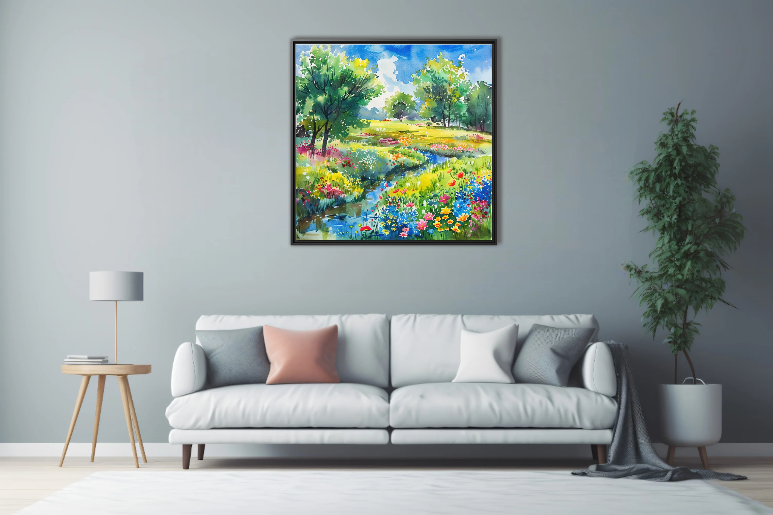 Watercolor-style wildflower meadow with stream, trees, and bright summer sky in vivid jewel tones