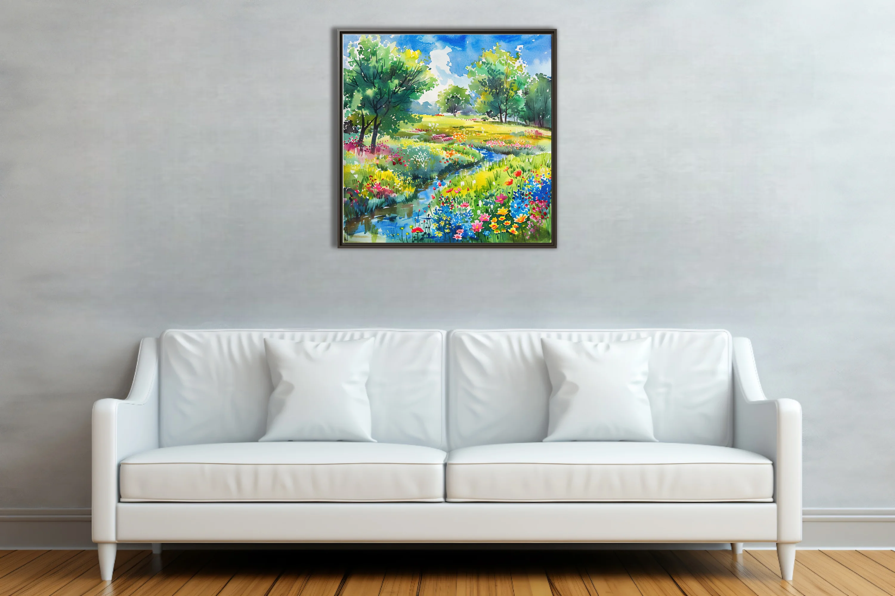 Watercolor-style wildflower meadow with stream, trees, and bright summer sky in vivid jewel tones