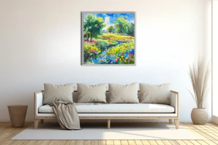Watercolor-style wildflower meadow with stream, trees, and bright summer sky in vivid jewel tones