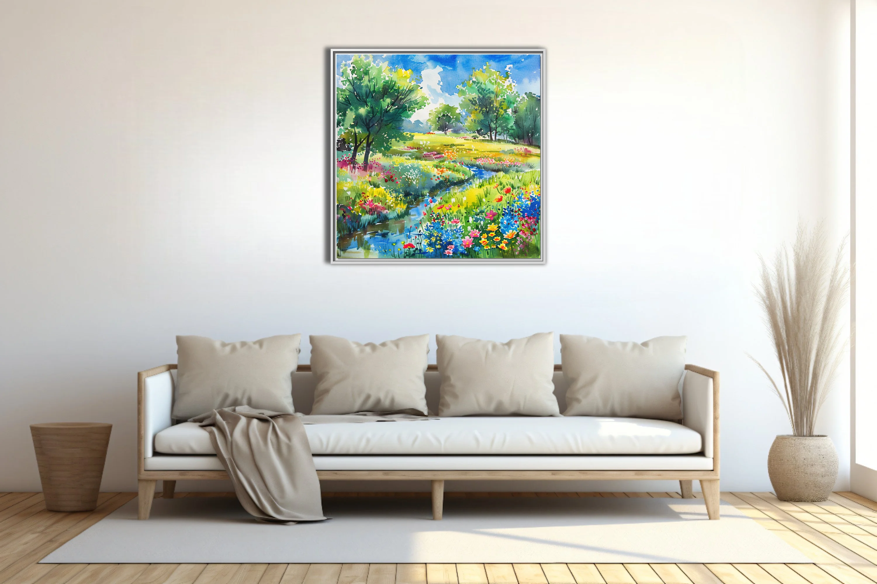 Watercolor-style wildflower meadow with stream, trees, and bright summer sky in vivid jewel tones