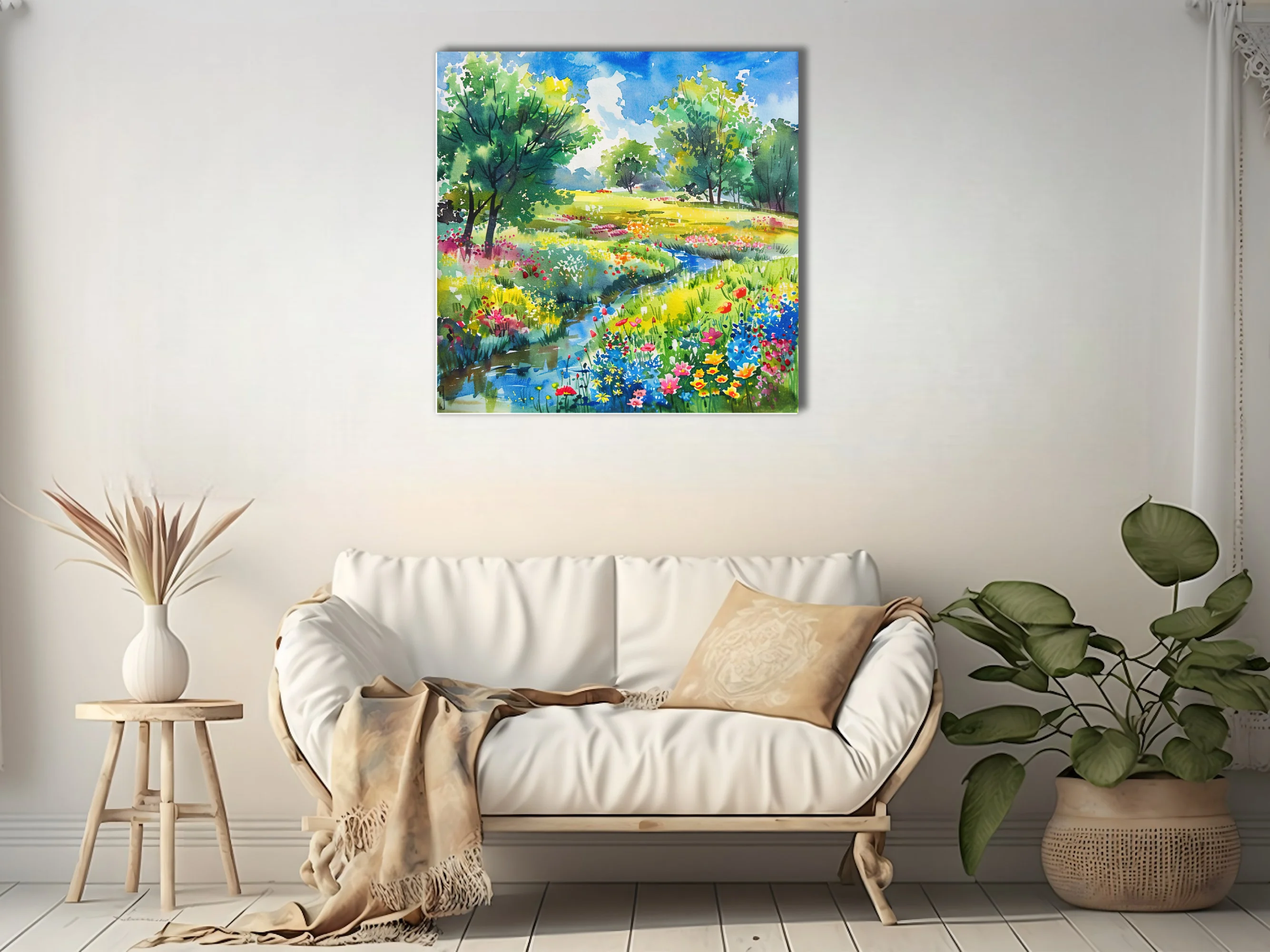 Watercolor-style wildflower meadow with stream, trees, and bright summer sky in vivid jewel tones