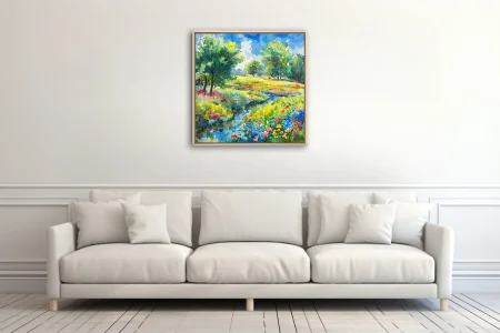 Watercolor-style wildflower meadow with stream, trees, and bright summer sky in vivid jewel tones