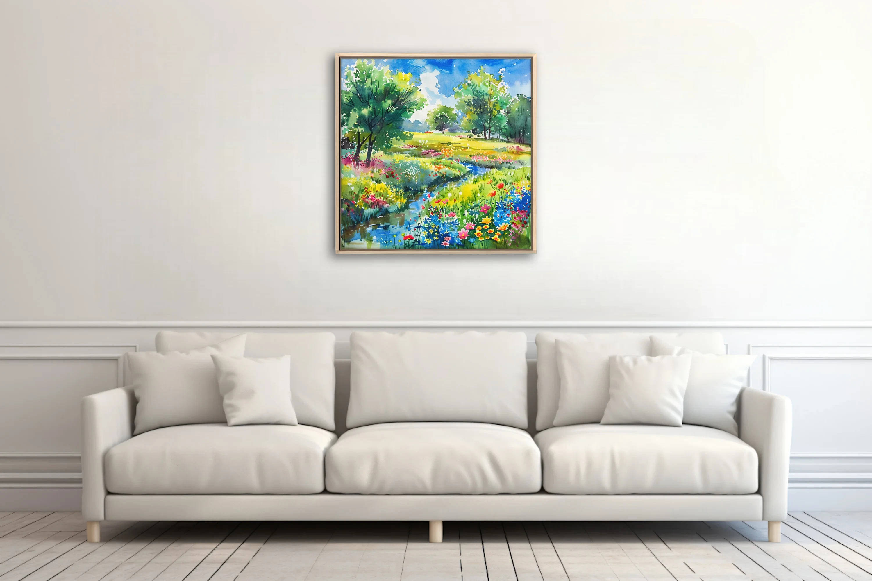 Watercolor-style wildflower meadow with stream, trees, and bright summer sky in vivid jewel tones