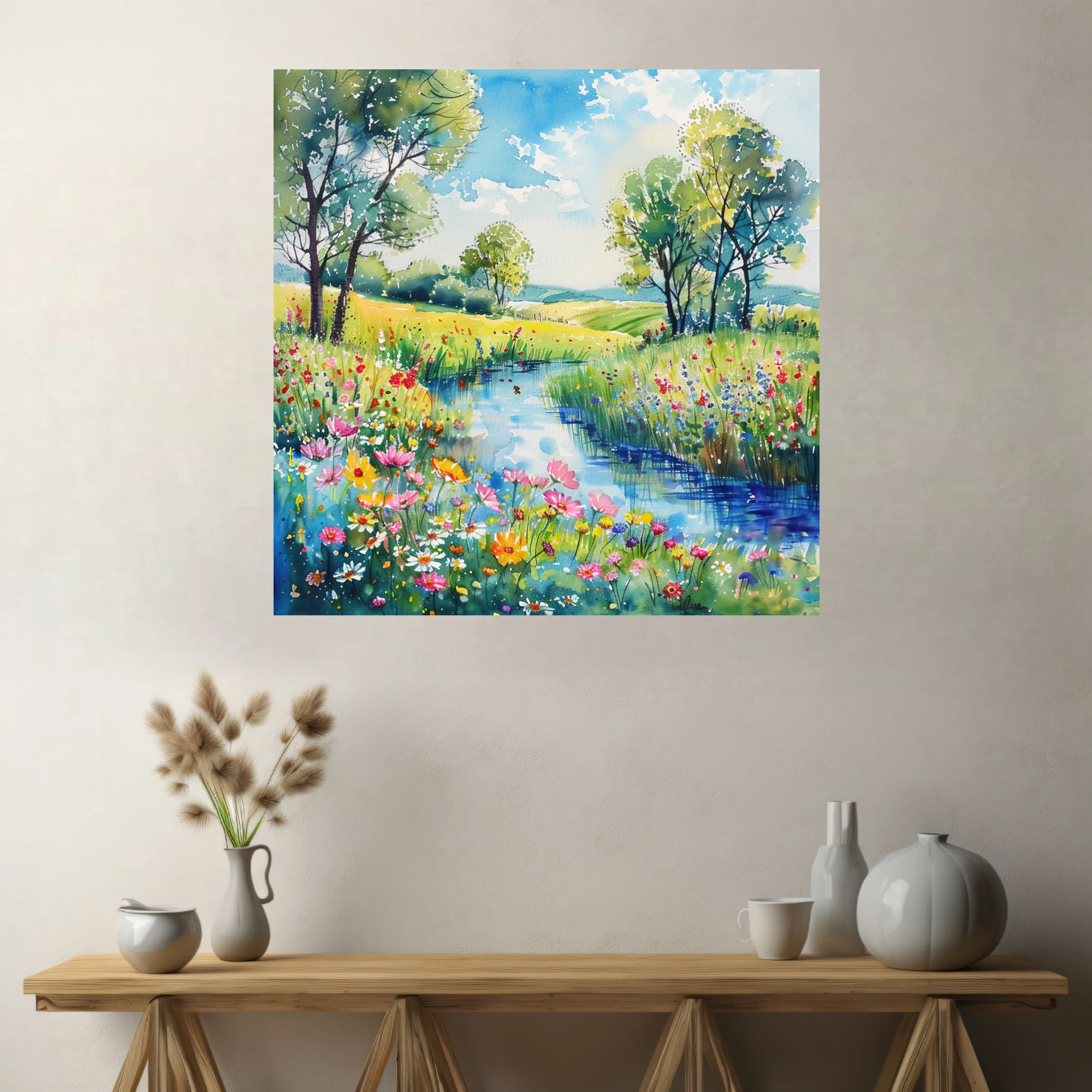 Watercolor-style wildflower meadow landscape with stream, trees, and bright summer palette
