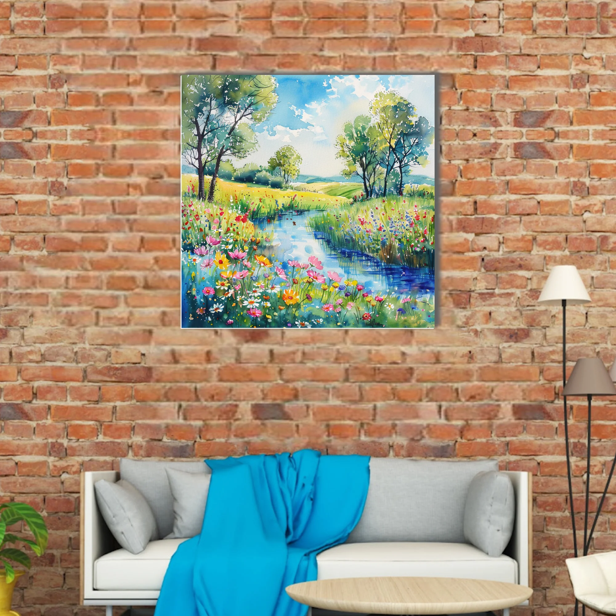 Watercolor-style wildflower meadow landscape with stream, trees, and bright summer palette