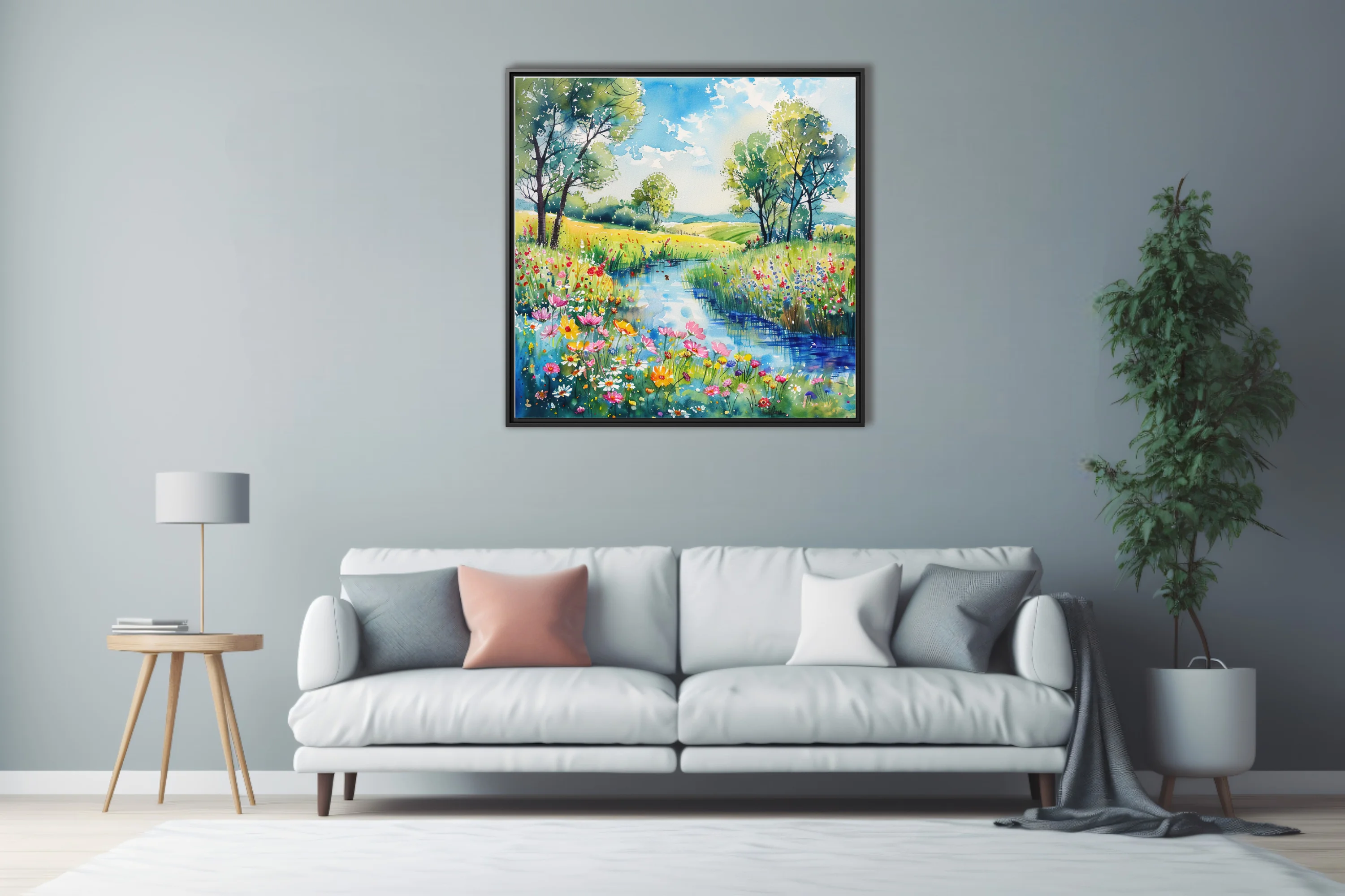 Watercolor-style wildflower meadow landscape with stream, trees, and bright summer palette