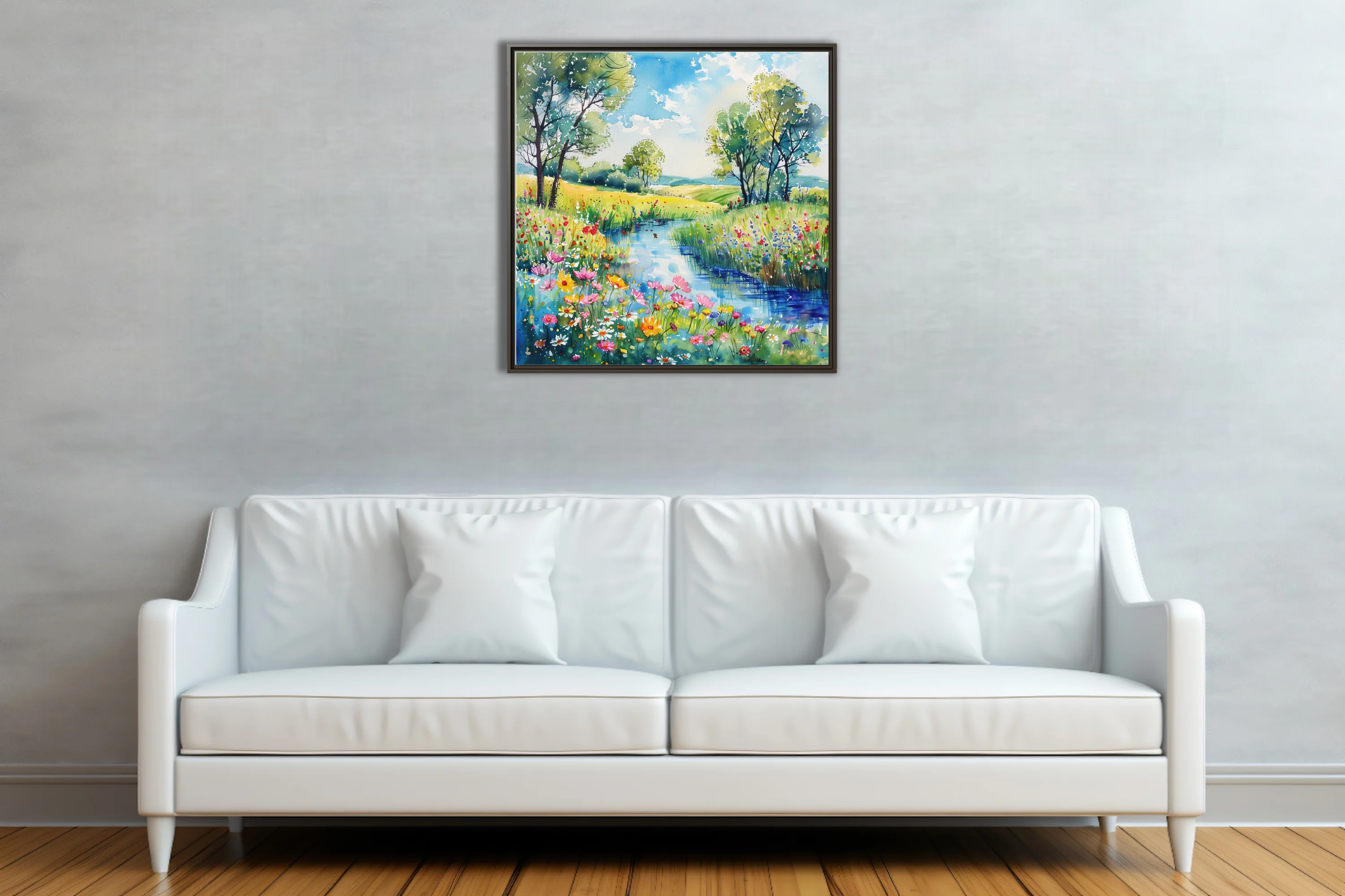 Watercolor-style wildflower meadow landscape with stream, trees, and bright summer palette