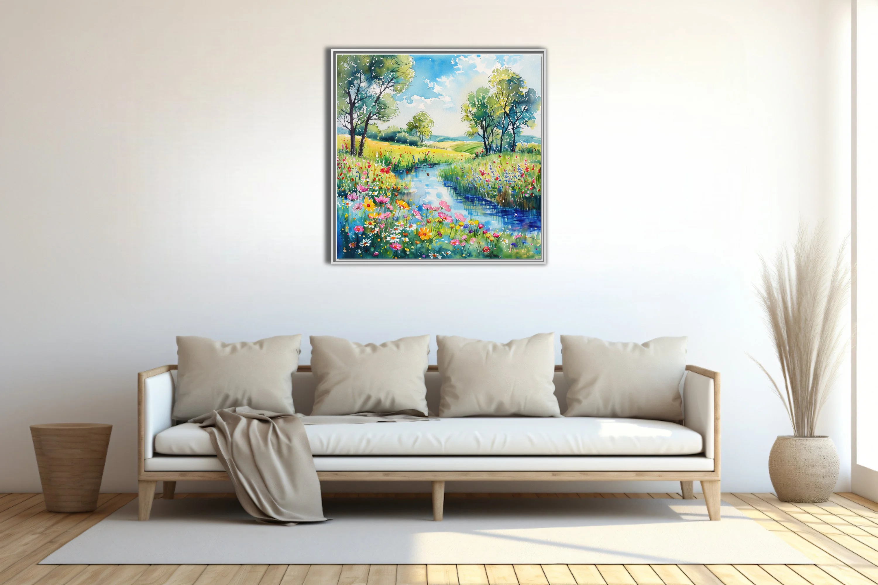 Watercolor-style wildflower meadow landscape with stream, trees, and bright summer palette